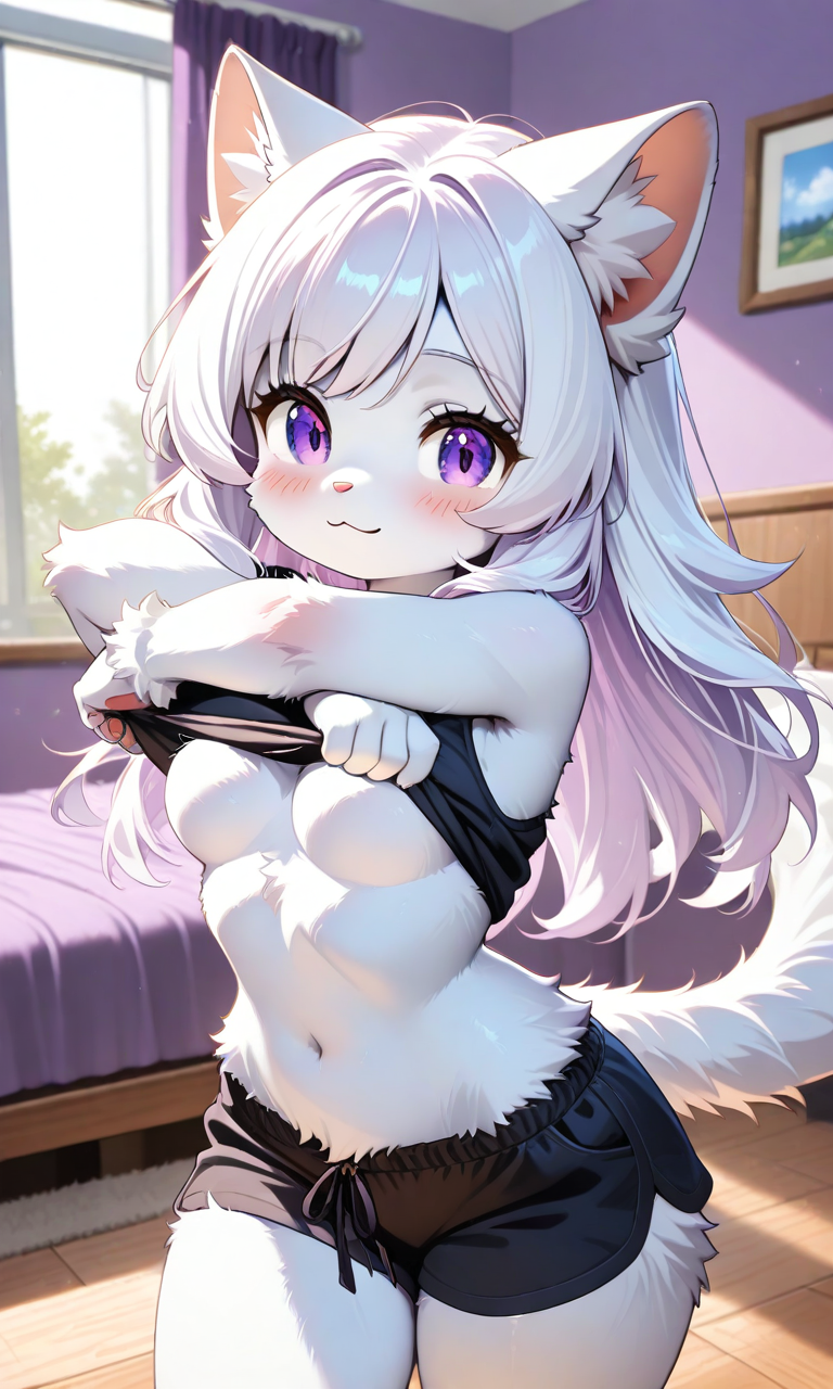 ai ai_art ai_generated anthro artificial_intelligence bed bed_sheet bedroom big_breasts breasts cat_girl cat_humanoid crop_top cute feline female female_focus fur furry looking_at_viewer neko nippleless original original_character original_characters pixai purple_eyes shorts smiling_at_viewer tagme undressing unknown_artist white_body white_fur white_hair yuriko_(oc)