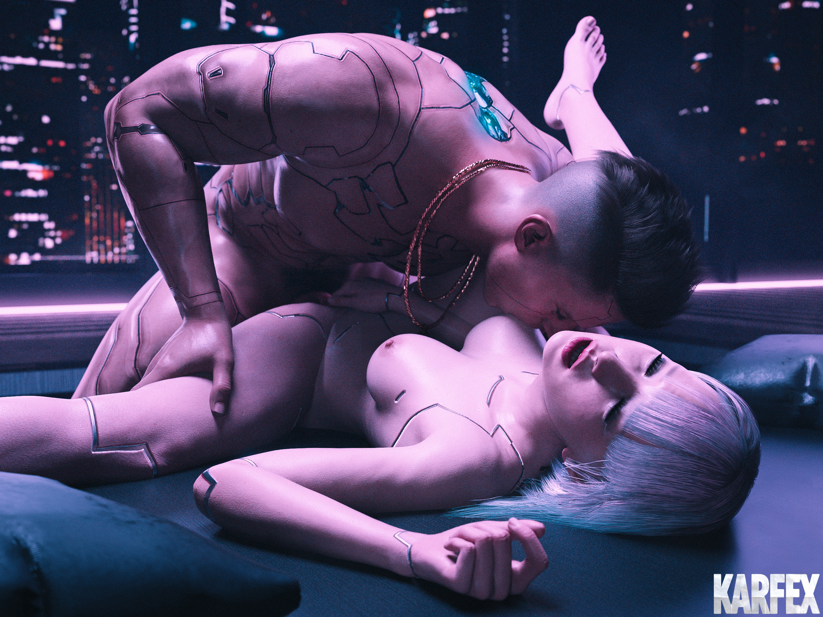 1boy, 1girls, 3d, cybernetic arm, cyberpunk, cyberpunk 2077, cyberpunk: edgerunners, cyberware, david martinez (edgerunners), female, implied penetration, implied sex, karfex, latino, light skin, light-skinned female, lucyna kushinada, male, pussy, romantic, size difference, straight, sucking nipples, touching pussy