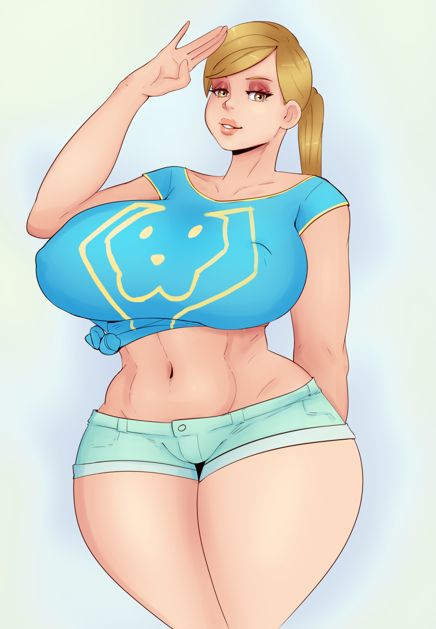 1girls, azuca, bimbo, blizzard entertainment, blonde hair, breasts, cleavage, eyeshadow, female, female only, huge breasts, human (world of warcraft), lipstick, looking at viewer, makeup, navel, original character, roleplay character, salute, short shorts, shorts, solo, sunnysundown, thick thighs, voluptuous, warcraft, world of warcraft