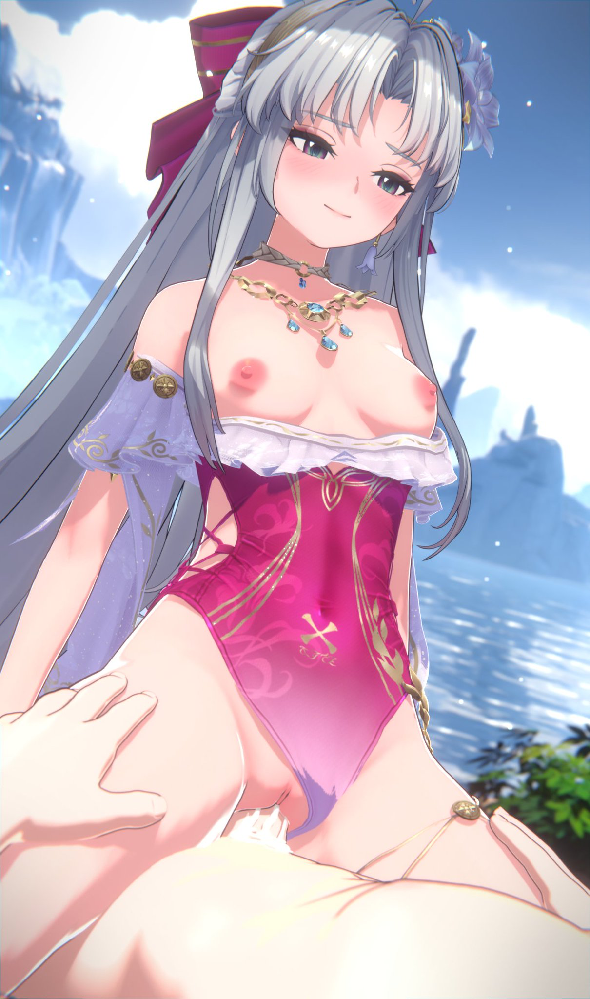 1boy, 1girls, 5 fingers, accessory, after cum, after cumshot, after sex, aqua eyes, areola, areolae, bare breasts, bare chest, bare legs, bare shoulders, bare thighs, blush, blushing at another, blushing at partner, blushing female, boobs out, bow, bow in hair, breasts, breasts out, carlotta (wuthering waves), clothed, clothed female, clothed female nude male, clothed sex, clothed/nude, clothing, cock, cock in vagina, completely naked, completely nude, cowgirl position, cum, cum drip, cum dripping, cum dripping from pussy, cum dripping out of pussy, cum in pussy, cum inside, cum leak, cum leaking, cum leaking out, cum leaking out of pussy, cumming, cumming in pussy, cumming inside, cumming while penetrating, cumshot, cumshot in pussy, dick, dick in pussy, dick in vagina, ejaculate, ejaculating, ejaculating cum, ejaculating in vagina, ejaculating while penetrating, ejaculation, ejaculation while penetrating, eyes, female, female on top, female penetrated, fingers on thighs, flower, flower in hair, fully naked, fully naked male, fully nude, fully nude male, functionally nude, functionally nude female, grabbing, grabbing thighs, hair, hair accessory, hair band, hair ornament, hairband, hairbow, hands, hands on another's thighs, hands on thighs, hetero sex, heterosexual, holding, holding another, holding another's thighs, holding thighs, horizontalslope, intercourse, legs, light, light blush, light body, light skin, light-skinned female, light-skinned male, long hair, looking at another, looking at partner, male, male orgasm, male penetrating, male penetrating female, male/female, mostly clothed, mostly clothed female, nakadashi, naked, naked female, naked male, necklace, neckwear, nipples, no protection, nude, nude female, nude male, on top, on top of, on top of another, on top of penis, orgasm, ornament, outdoor, outdoor sex, outdoors, outdoors sex, outside, outside sex, pale, pale body, pale skin, pale skin female, pale skin male, pale skinned, pale-skin, pale-skinned female, pale-skinned male, penetrated, penetrating, penetration, penile, penile penetration, penis, penis in pussy, penis in vagina, pink hairbow, pink swimsuit, pink swimwear, pussy, raw sex, riding, riding cock, riding penis, sex, sexual intercourse, shoulders, silver hair, silver-haired female, small boobs, small breasts, small tits, smile, smiling, smiling at another, smiling at partner, smiling female, straddle, straddling, straddling lap, straddling penis, straight, straight sex, swimsuit, swimwear, thigh grab, thigh hold, thighs, tits out, touching, touching another, touching thighs, unseen male face, vagina, vaginal penetration, vaginal sex, water, wuthering waves