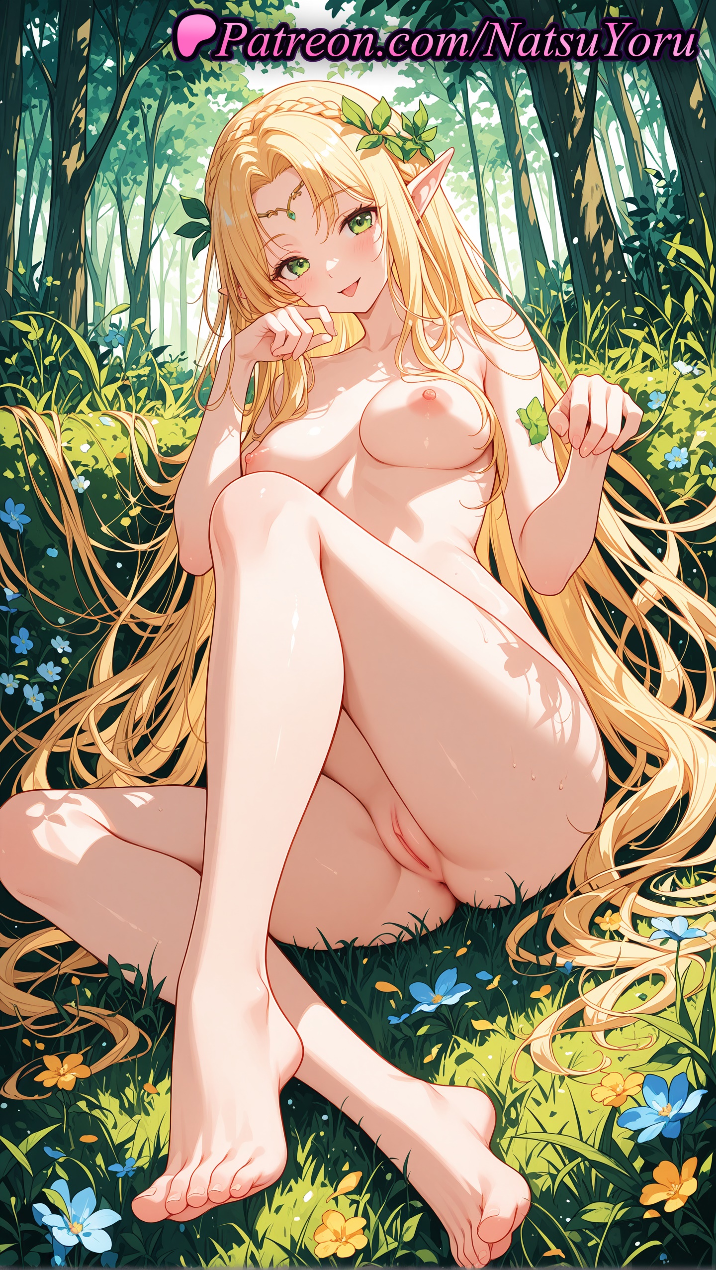 1girls, 2025, ai generated, bangs, barefoot, blonde hair, blush, braid, breasts, celestine lucross, clover, completely nude, elf, elf ears, feet, female, female only, flower, forest, grass, green eyes, hi res, highres, knee up, kuroinu ~kedakaki seijo wa hakudaku ni somaru~, legs, long hair, looking at viewer, medium breasts, natsuyoru, nature, nipples, nude, nude female, outdoors, patreon, pointed ears, pointy ears, pussy, sitting, smile, solo, toenails, toes, tongue, tongue out, uncensored, vagina, very long hair, voluptuous, voluptuous female