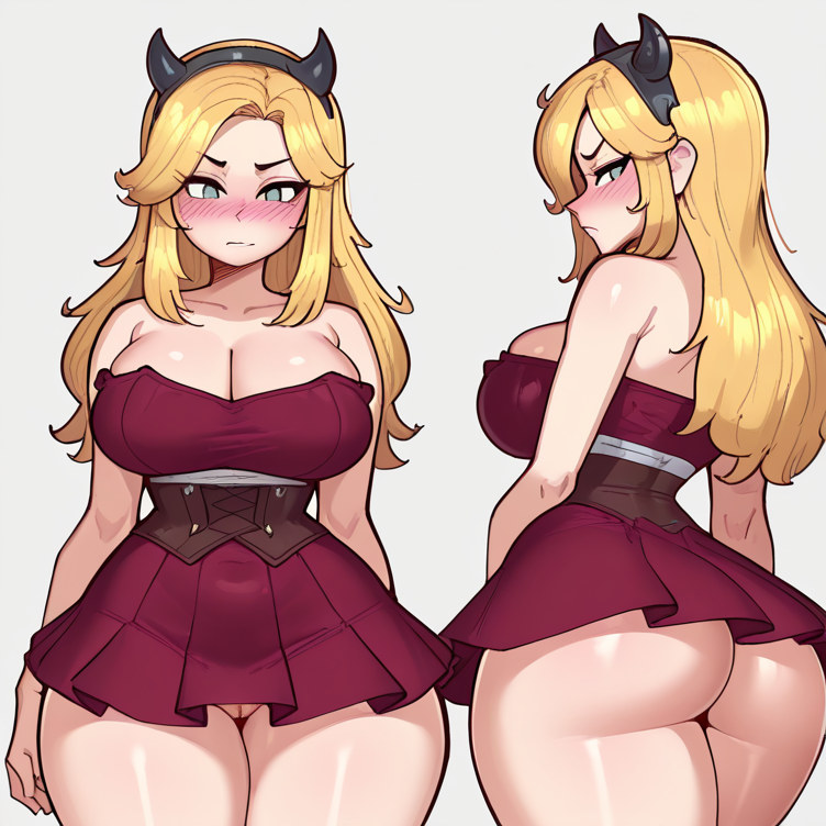 1girls ai_generated angry back_view blonde_hair dr.stone front_view hamburgerjoy headband hokutozai_minami horns mad no_panties red_dress upskirt white_background