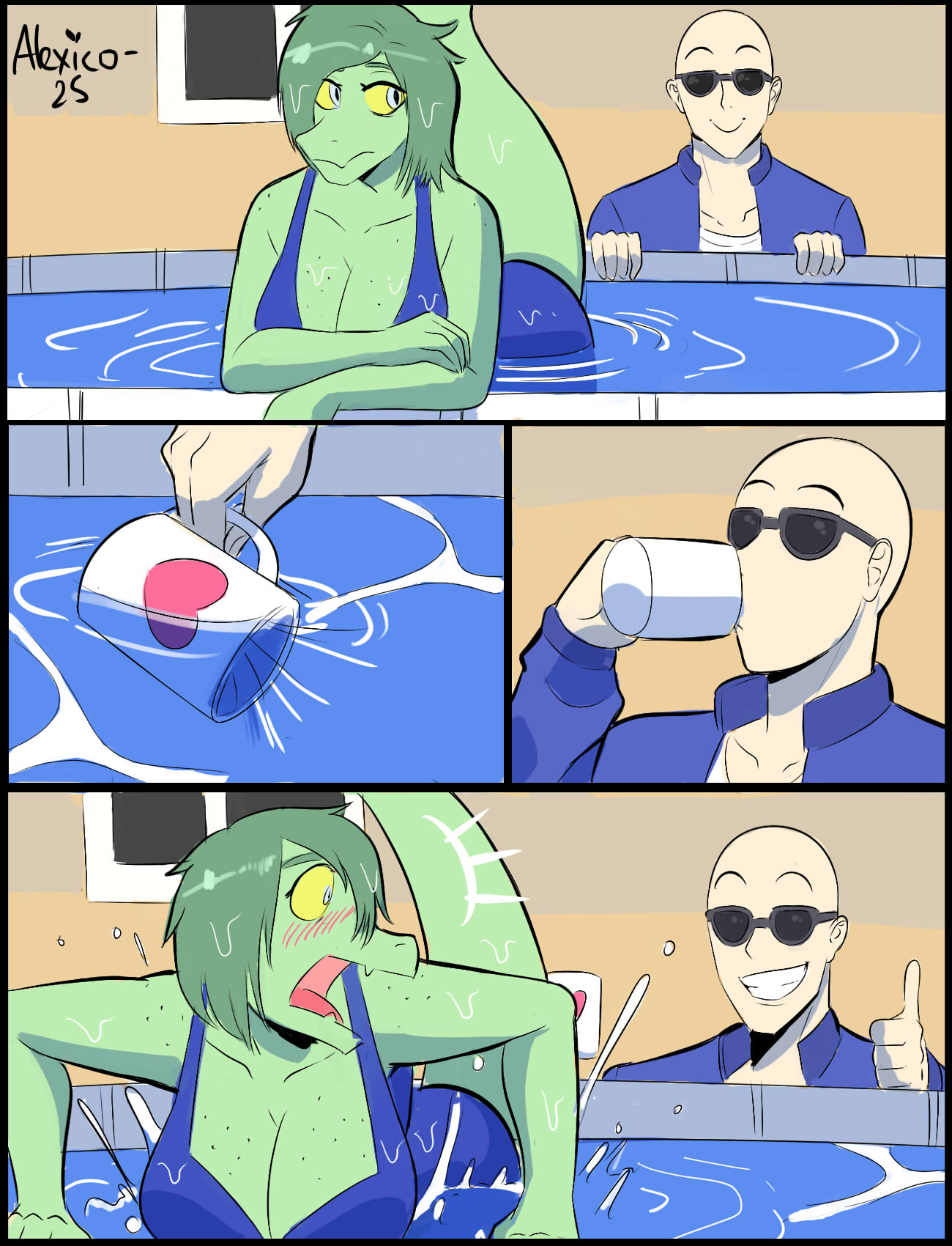 1boy 1girls alexico_roadagain anon cavemanon_studios cup drinking female i_wani_hug_that_gator! joke male meme olivia_halford pool swimsuit tagme