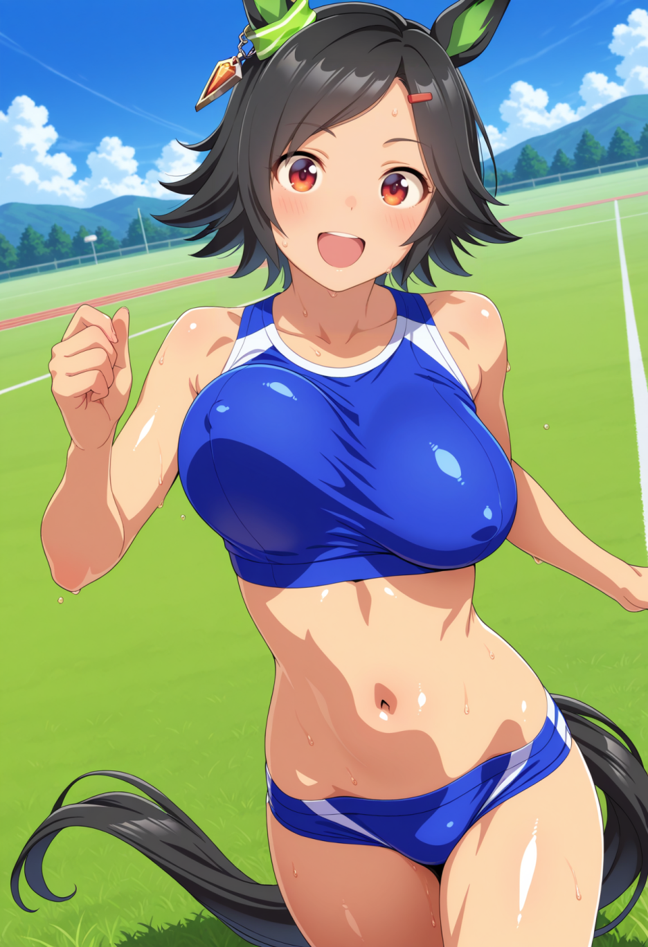 ai_generated animal_ears black_hair bouncing_breasts female horse_girl red_eyes sweat track_suit umamusume umamusume_pretty_derby winning_ticket_(umamusume)