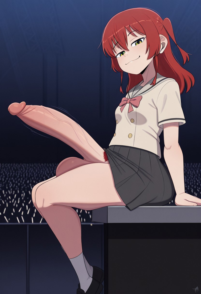 1futa, ai generated, balls, bocchi the rock!, cock, concert, dickgirl, erection, futa only, futanari, huge balls, huge cock, intersex, kita ikuyo, penis, red hair, sitting, skirt, smug, smug face, stage, uniform