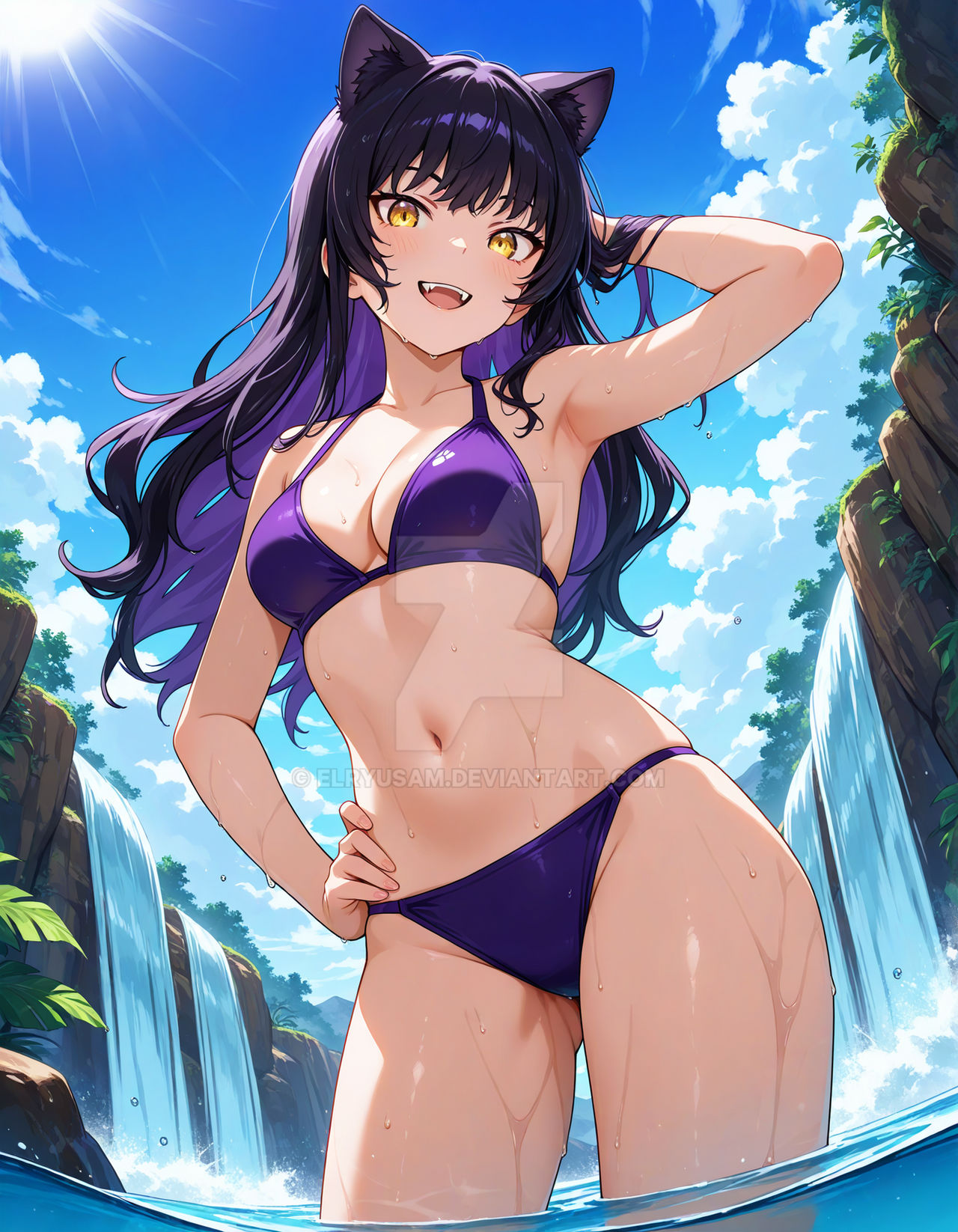 2025 ai_generated belly blake_belladonna cat_ears crunchyroll deviantart elryusam eyebrows_visible_through_hair forest hand_on_back hand_on_hip meta not_porn open_mouth orange_cheeks purple_bikini purple_eyebrows purple_hair_female rwby tummy tv_series tv_show waterfall wet_bikini wet_body wet_skin yellow_eyes_female