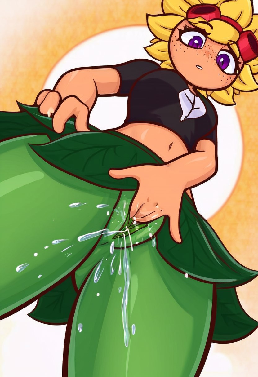1female 1girls 2d ai ai_generated belly belly_button belly_exposed black_shirt bottom_view bottomless crop_top cute cute_face dendrophilia female fingering fingers goggles goggles_on_head green_legs leaf leafy_skirt light-skinned_female looking_down looking_pleasured masturbating masturbation non-human orgasm orgasm_from_masturbation petals plant plant_girl plants_vs._zombies plants_vs_zombies plants_vs_zombies:_heroes plants_vs_zombies_heroes popcap_games purple_eyes pussy pussy_ejaculation pussy_juice pussy_juice_drip self_fingering skirt skirt_up solar_flare_(pvz) solo solo_female squirt squirting squirting_on_viewer sunflower sunflower_(pvz) thick_thighs vagina vaginal_fluids vaginal_masturbation