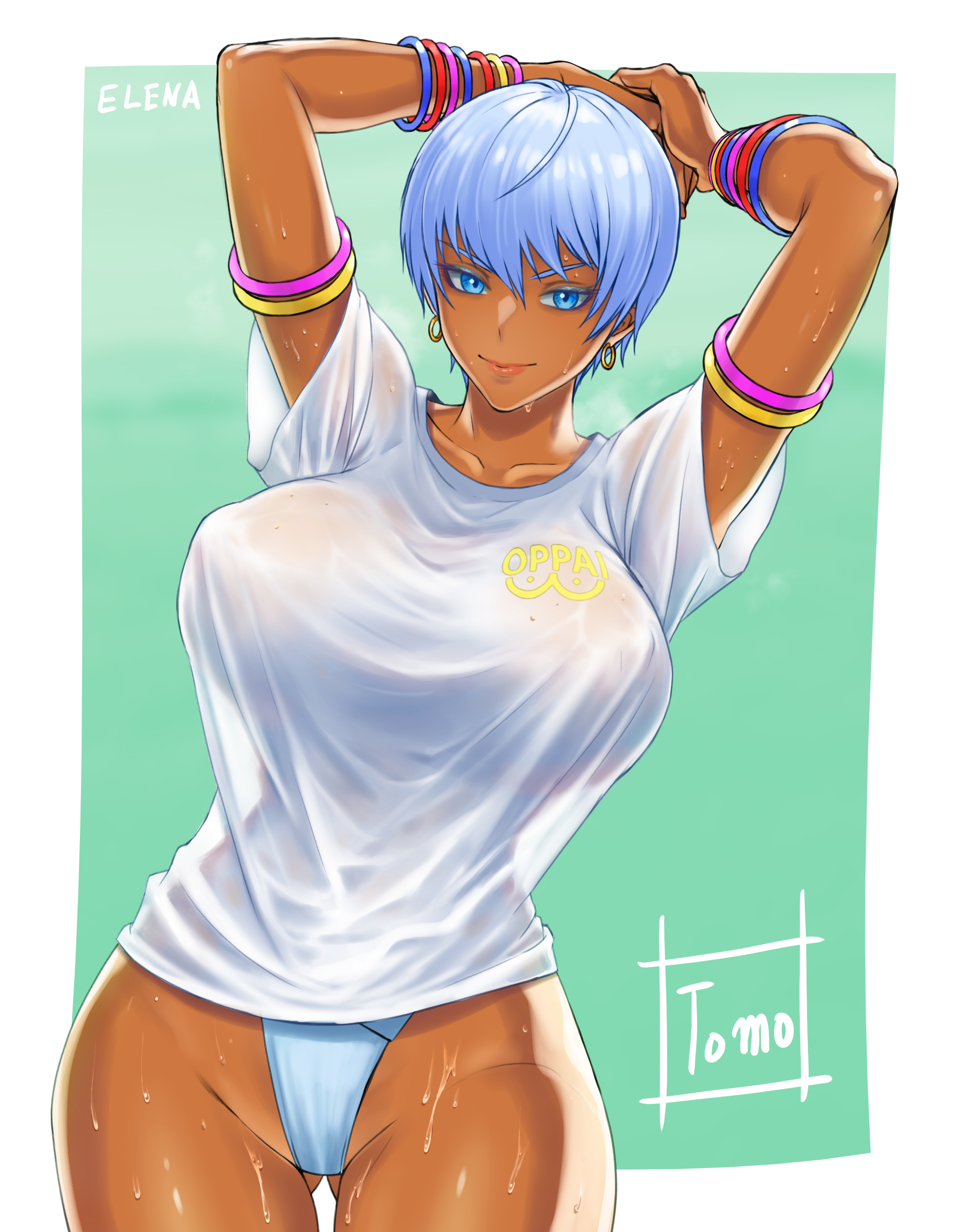 1girls, arms up, big breasts, blue eyes, breasts, dark skin, dark-skinned female, earrings, elena (street fighter), female, hands behind head, huge breasts, looking at viewer, shirt a, shirt and panties, short hair, solo, solo female, street fighter, sweat, tomo eokaiteru, very short hair, white hair