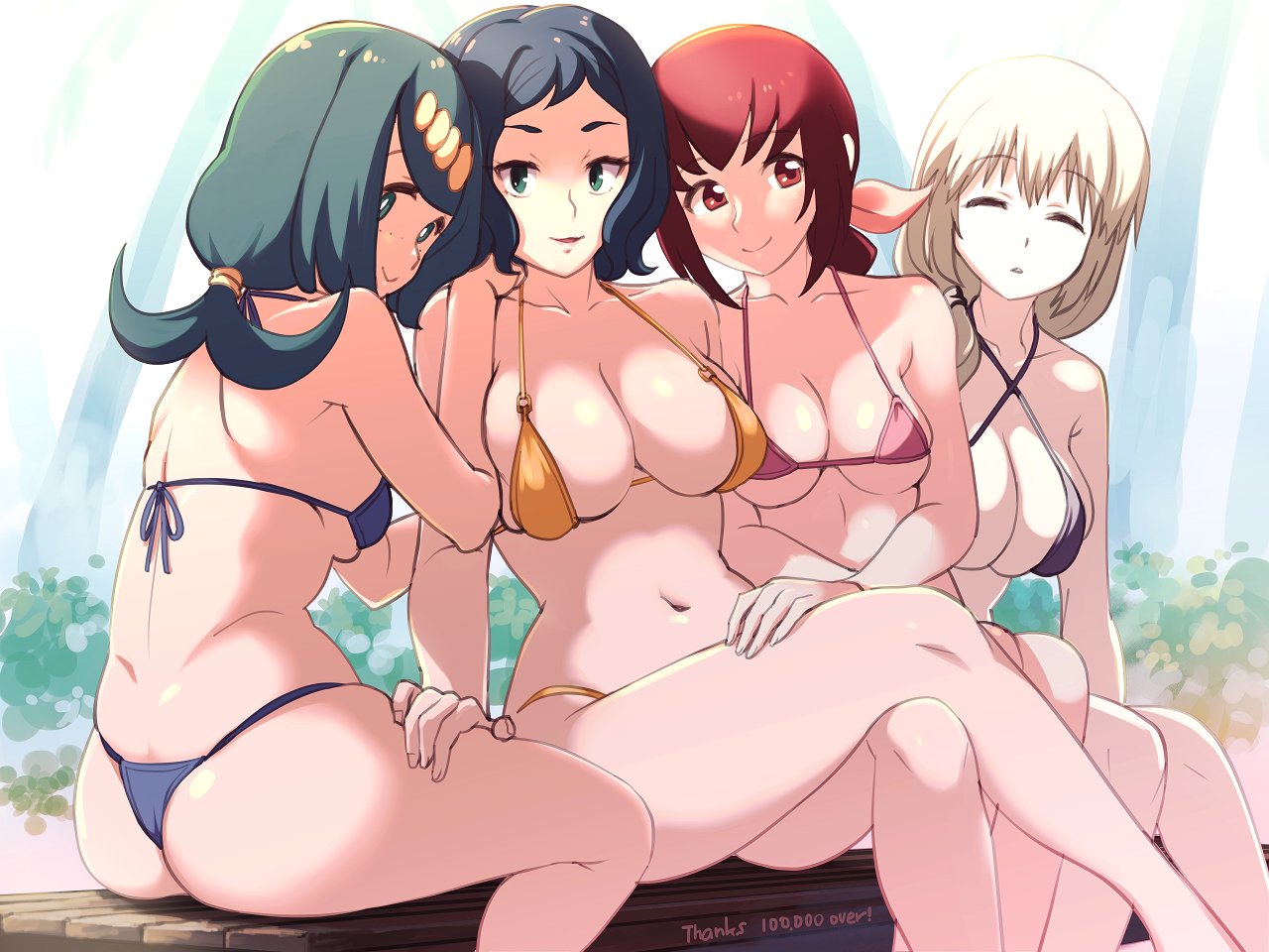 4girls 4milfs ass big_breasts bikini blue_eyes blue_hair breasts closed_eyes crossover e_keroron eye_contact female female_only gundam gundam_build_fighters hoshizora_ikuyo huge_breasts human iori_rinko lana's_mother_(pokemon) large_breasts long_hair looking_at_viewer medium_breasts milf milfs mob_face multiple_girls nintendo pokemon pokemon_sm precure pretty_cure red_eyes red_hair seductive seductive_pose small_breasts smile smile_precure smiling_at_viewer swimsuit thick_thighs uzaki-chan_wa_asobitai! uzaki_tsuki