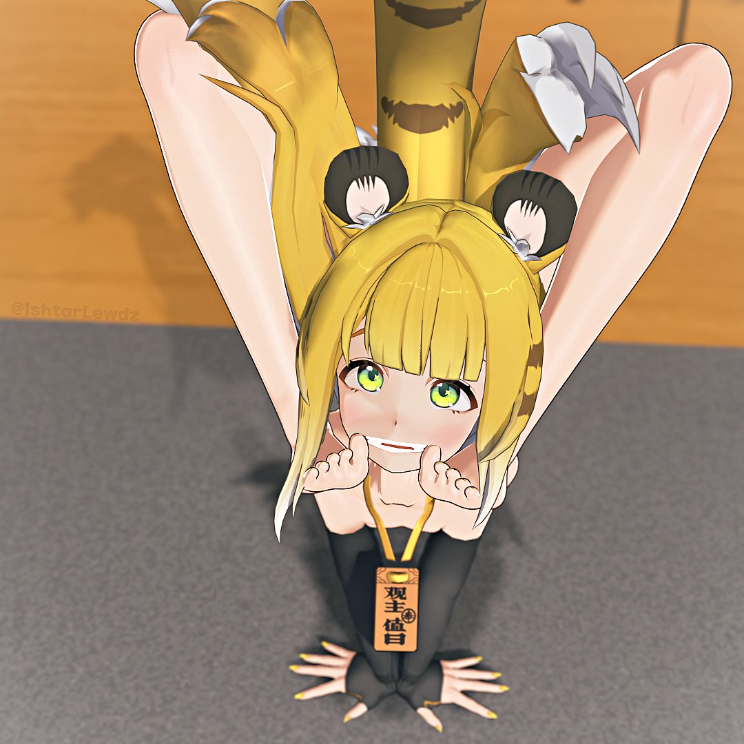 1girls, animal ears, blender, charm, feet, feet on face, female, flexible, green eyes, hands on ground, handstand, happy female, ishtarlewdz, ju fufu, ju fufu (zenless zone zero), legs spread, mihoyo, smile, tail, watermark, yunkui summit, zenless zone zero