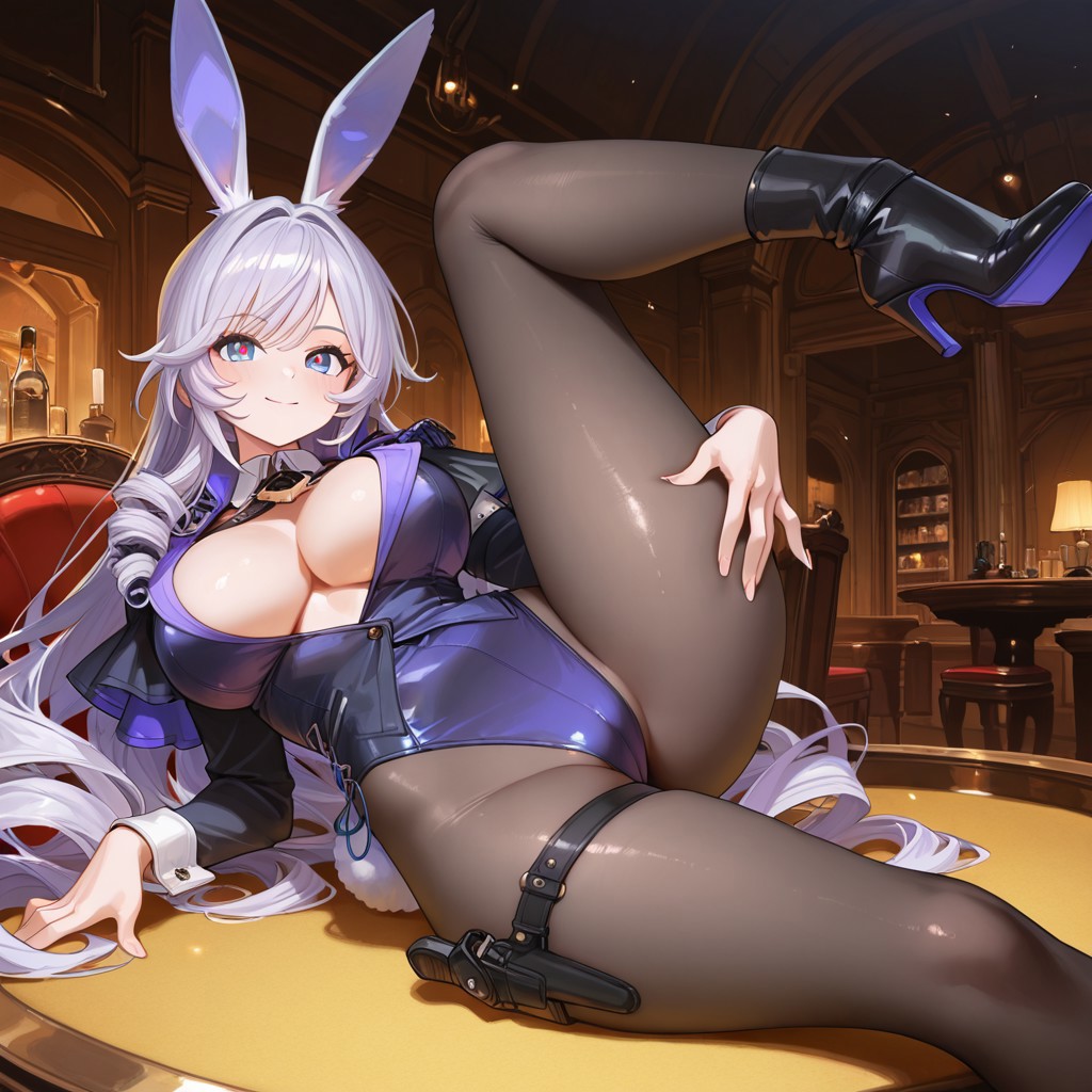 1girls ai_generated black_stockings blue_eyes breasts bunny_costume bunny_ears bunny_girl bunnysuit curly_hair detective_(silver_palace) drill_hair female female_focus female_only holster indoors large_breasts purple_hair red_pupils silver_palace solo solo_female stockings thick thick_thighs thighhighs thighs very_long_hair