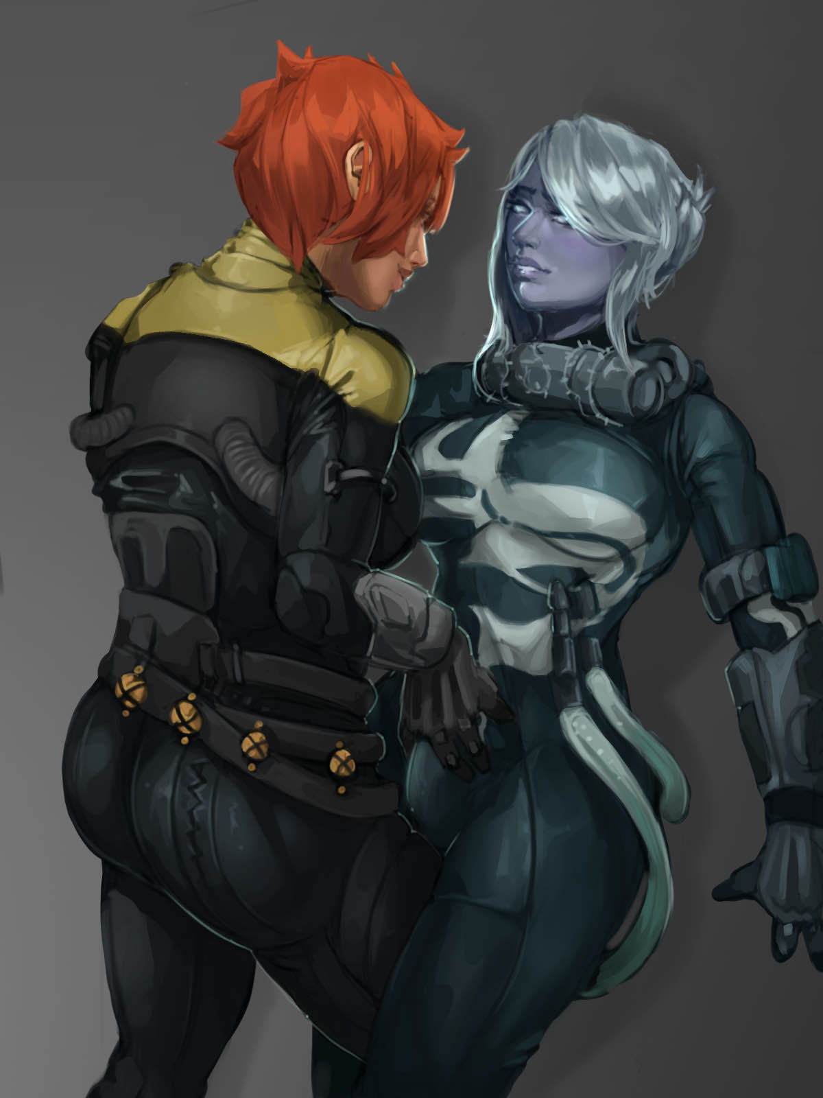 1futa, 1girls, ass, awoken, blue eyes, blue skin, blue-skinned futa, bulge, bulge fondling, bulge rubbing, bulge through clothing, clothed, clothing, destiny (game), destiny (video game), destiny 2, diving suit, female, fully clothed, futa on female, futanari, groping, guardian (destiny), handjob through clothing, holly (destiny oc), hunter (destiny), intersex, large penis, light skin, light-skinned female, lirra cal, midnight teeth, orange hair, penis, silver hair, skintight, skintight bodysuit, submissive futa, warlock (destiny)