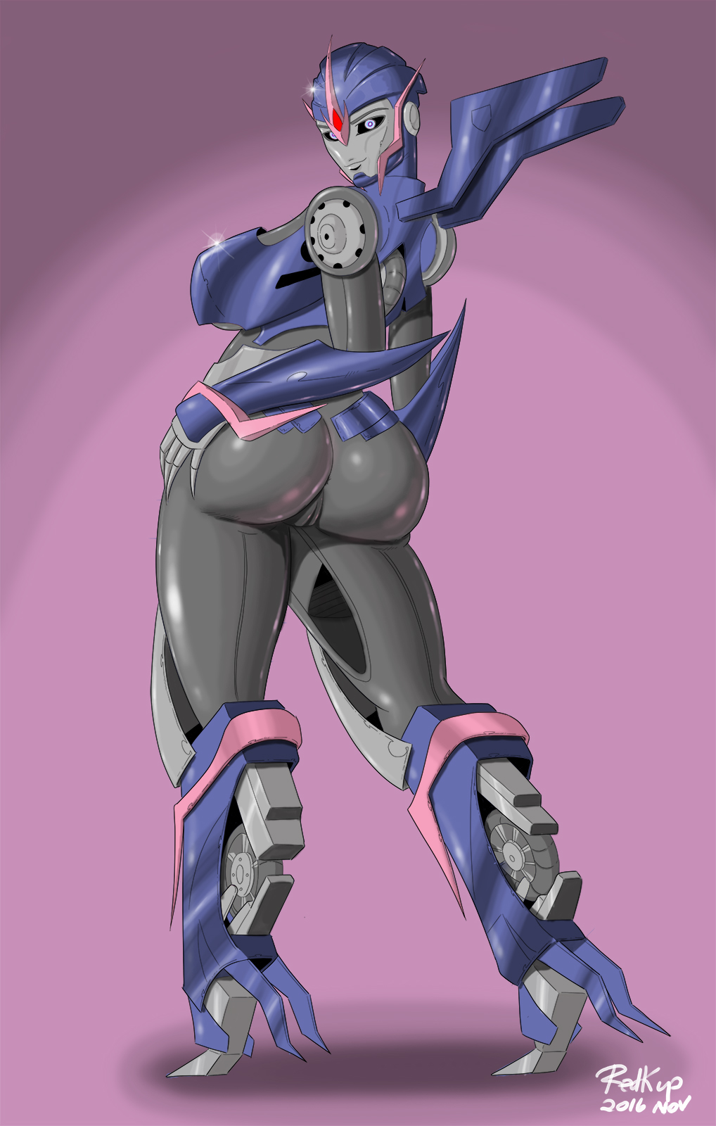 2016 alien arcee arcee_(prime) ass big_butt blue_eyes breasts cybertronian dat_ass female glowing glowing_eyes hi_res humanoid looking_at_viewer looking_back machine pussy redkup robot simple_background solo stacked_lady standing thick_thighs transformers transformers_prime