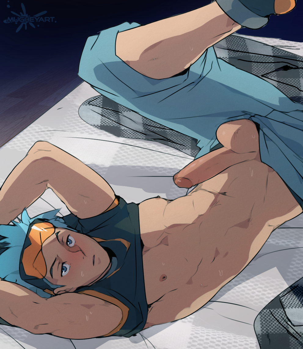 1boy arms_up bed blue_eyes blue_hair blush brawly_(pokemon) erection lying male male_only mugheyart nintendo penis pokemon pokemon_rse shoes solo sweat testicles undressing upside-down