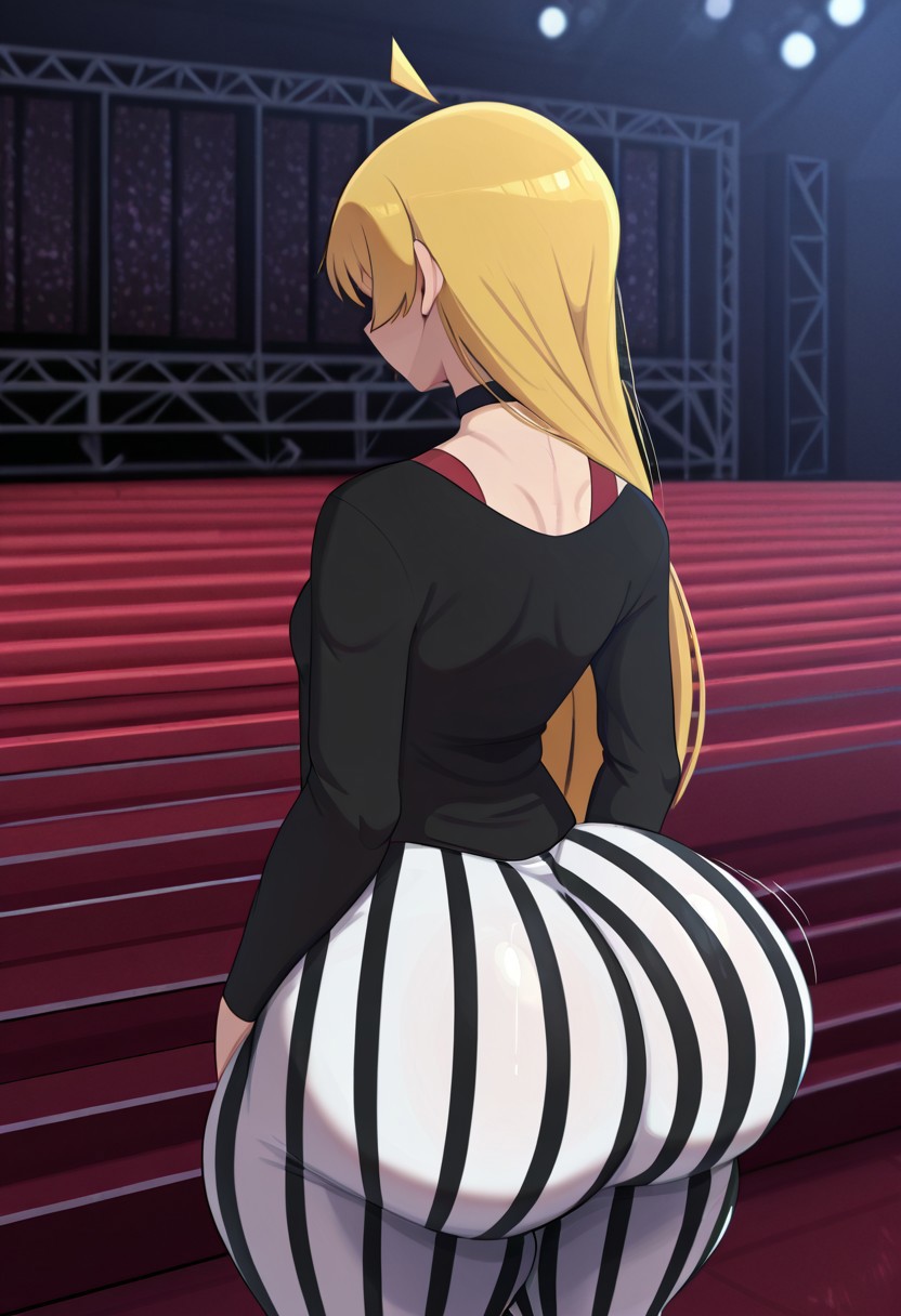 ai_generated ass ass_jiggle big_ass blonde_hair bocchi_the_rock! bubble_butt huge_ass ijichi_seika leggings small_breasts striped_pants vertical_stripes yamathegod_(style)
