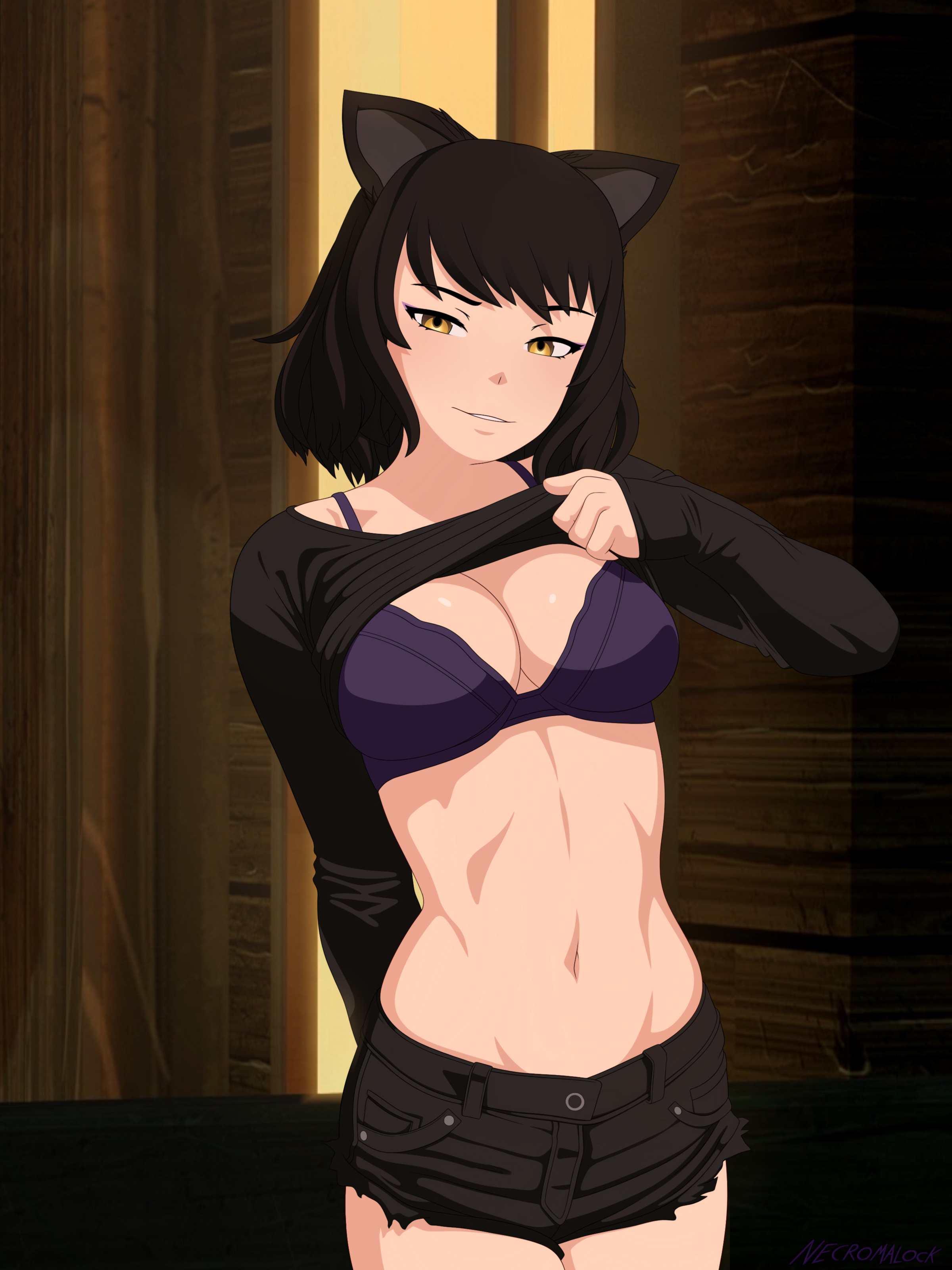 1girls, accurate art style, blake belladonna, female, necromalock, rwby, shirt lift, tagme