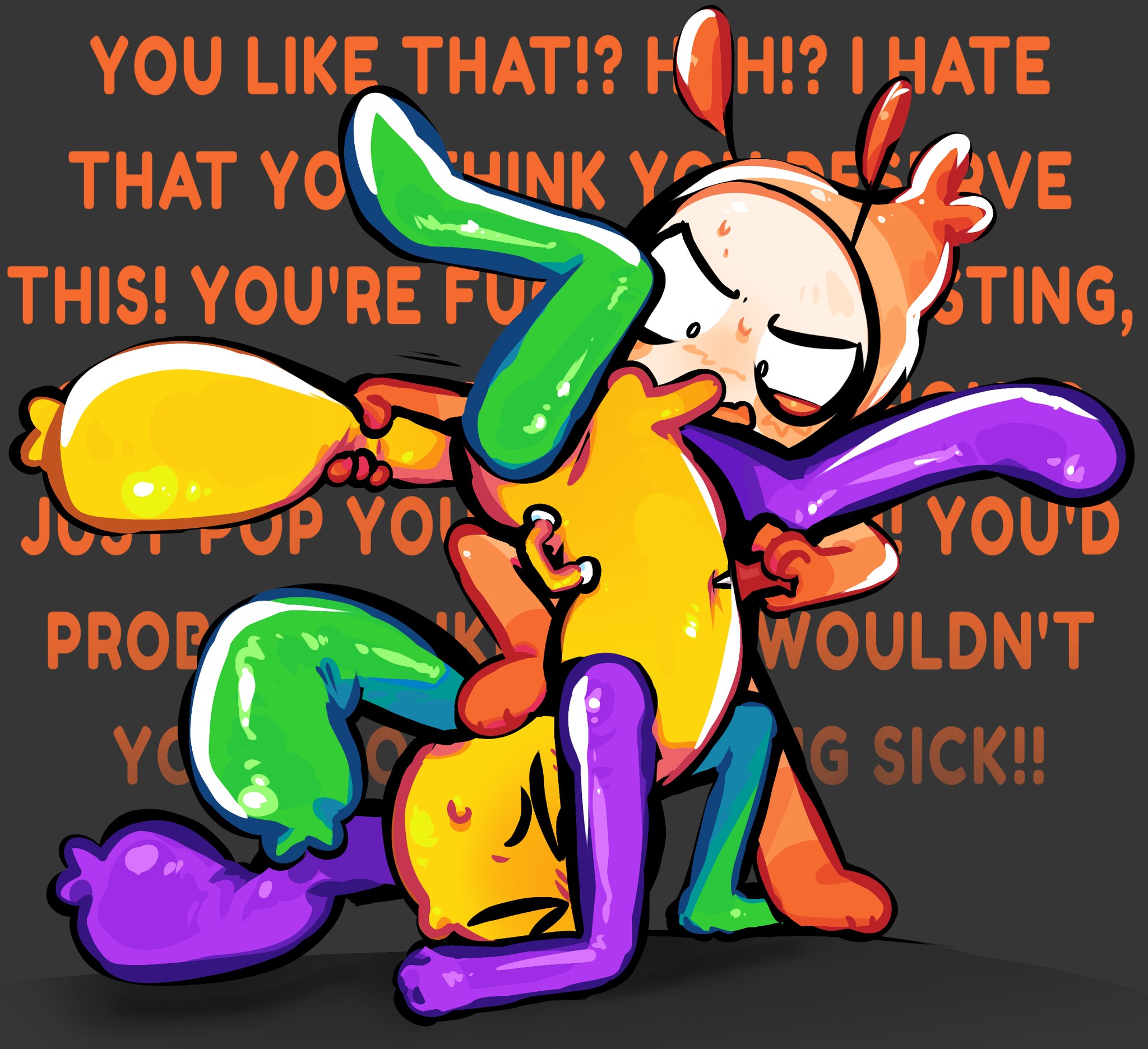 antennae, boner, dandy's world, dandys world, degradation, degradation kink, degrading, grabbing tail, green body, handlebars, handles, handles on hips, looey (dandy's world), male, male only, male/male, masochist, masochistic male, needle, penis, poking belly, purple body, shiny skin, shorter male, shrimp, shrimp tail, shrimpo (dandy's world), small penis, stepping on head, straining, sweat, sweatdrop, sweating, taller male, ticklesyourfeet, yellow body