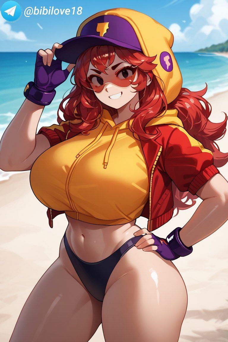 ai generated, beach, big breasts, big thighs, brawl stars, breasts, female, gloves, max (brawl stars), naked, naked female, panties, streetwear max
