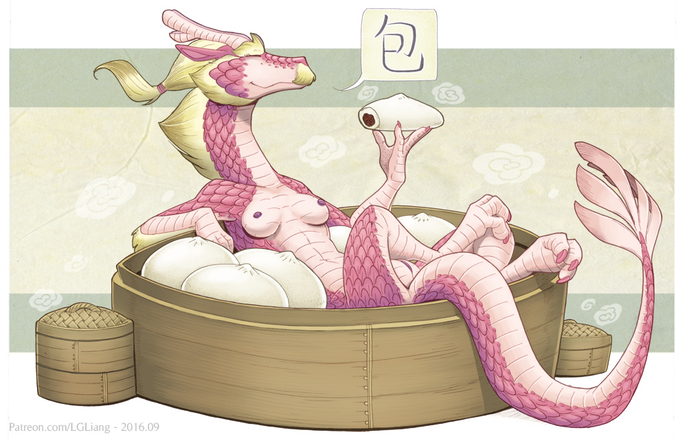 2016 bamboo_steamer baozi barefoot blonde_hair breasts claws closed_eyes dragon dumpling eastern_dragon female food hair horn loupgarou lying nipples nude on_back pink_scales pussy scales simple_background smile solo toe_claws