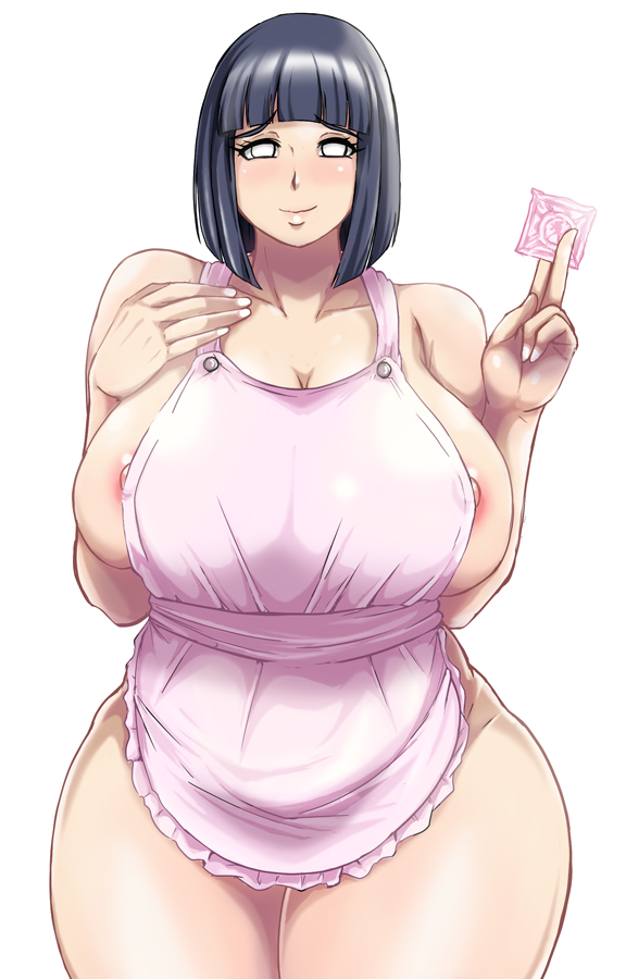 1girls apron areolae bare_shoulders before_sex black_hair blush bob_cut boruto:_naruto_next_generations breasts condom curvy female huge_breasts hyuuga_hinata kitchen looking_at_viewer milf naked_apron naruto naruto_(series) nekuraneko nipple_slip nipples offscreen_character sideboob silver_eyes smile solo thick_thighs voluptuous wide_hips