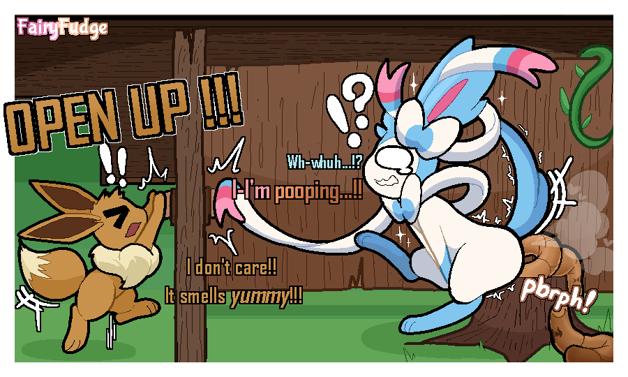 5:3 ambiguous_gender bathroom covering covering_crotch dialogue digital_media_(artwork) door door_handle doorknob duo eevee eeveelution emanata embarrassed exclamation_point fairyfudge fart feces feral generation_1_pokemon generation_6_pokemon knocking_on_door nintendo pokemon pokemon_(species) poop pooping_in_toilet quadruped question_mark ribbons_(anatomy) scat shiny_pokemon signature sound_effects sylveon tears_of_desperation toilet_use tree_stump tremble_spikes vowelless vowelless_sound_effect wide_eyed