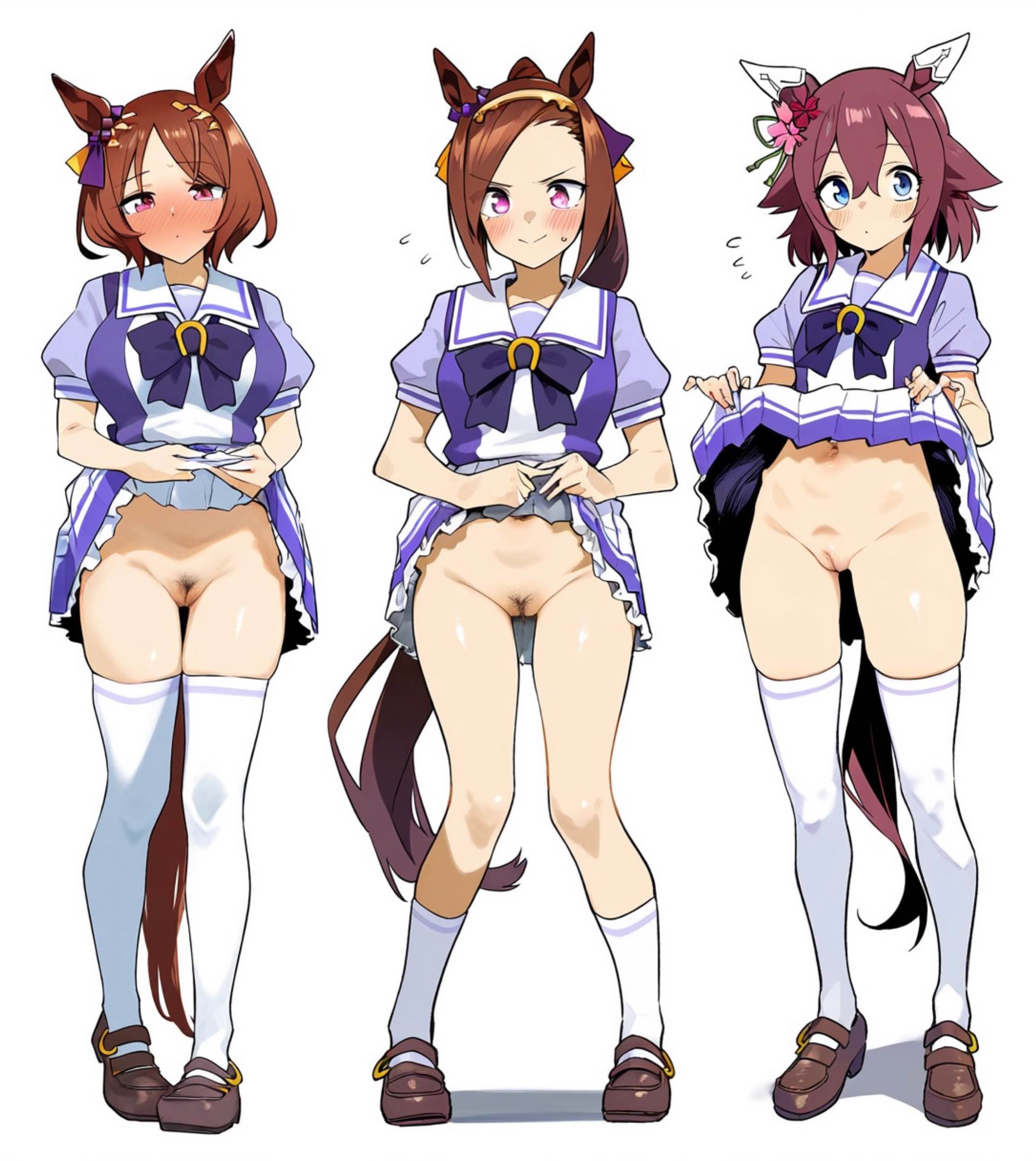 1girls, ai generated, animal ears, anthropomorphization, blush lines, bottomless, embarrassed, female, legs, lifted by self, pubic hair, pussy, sakura bakushin o (umamusume), sakura chiyono o (umamusume), sakura laurel (umamusume), shaved pussy, tagme, umamusume, umamusume pretty derby, young