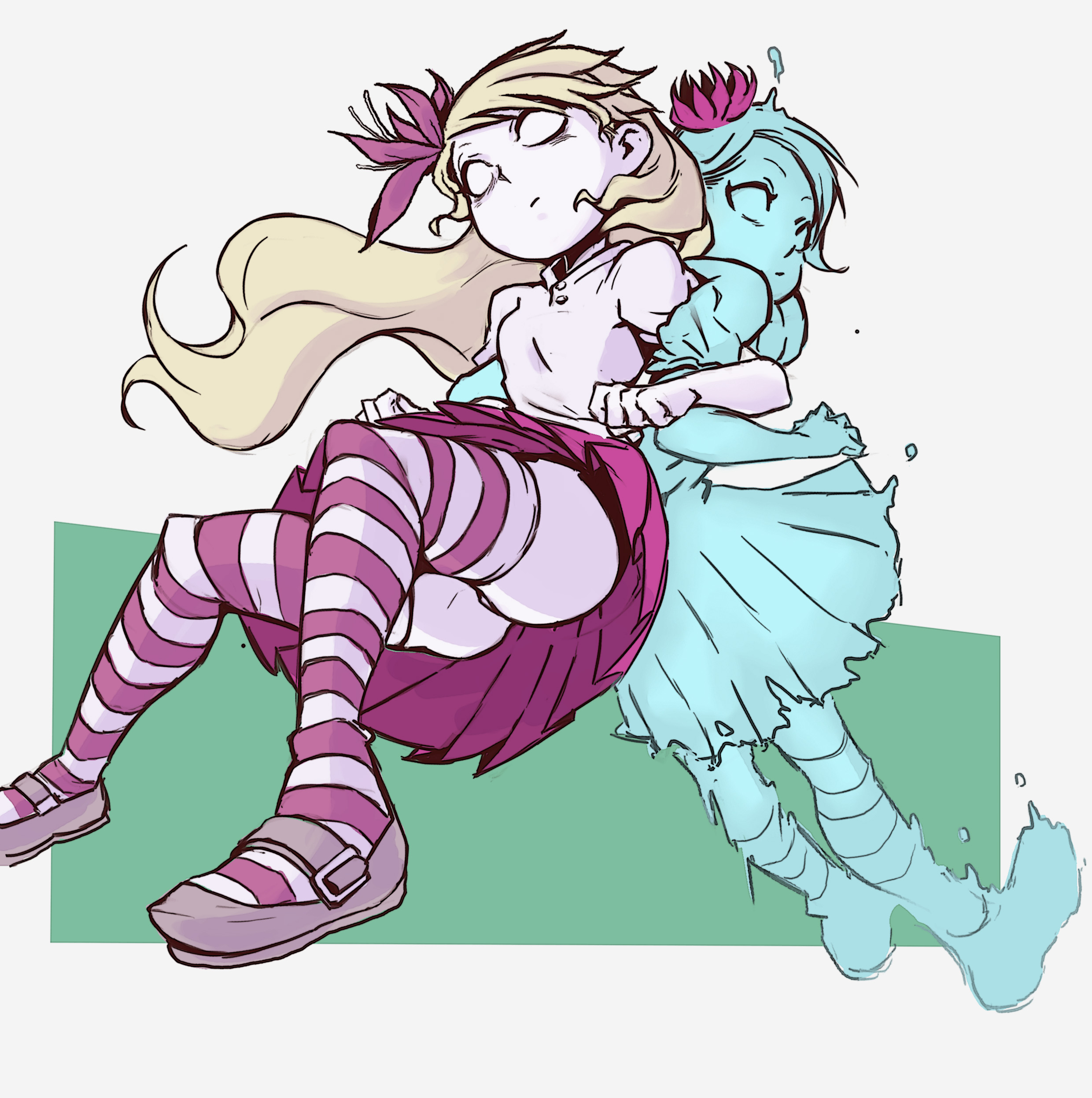2d, 2girls, abigail carter, ass, barely visible pussy, blonde female, blonde hair, bonesfish, breasts, button, clothed female, don't starve, don't starve (series), don't starve together, dress, female, female only, flower, flower in hair, ghost, ghost girl, klei entertainment, legs, long hair, no pupils, panties, pussy, siblings, sister, sisters, skirt, small breasts, stockings, thighs, upskirt, wendy carter, white eyes