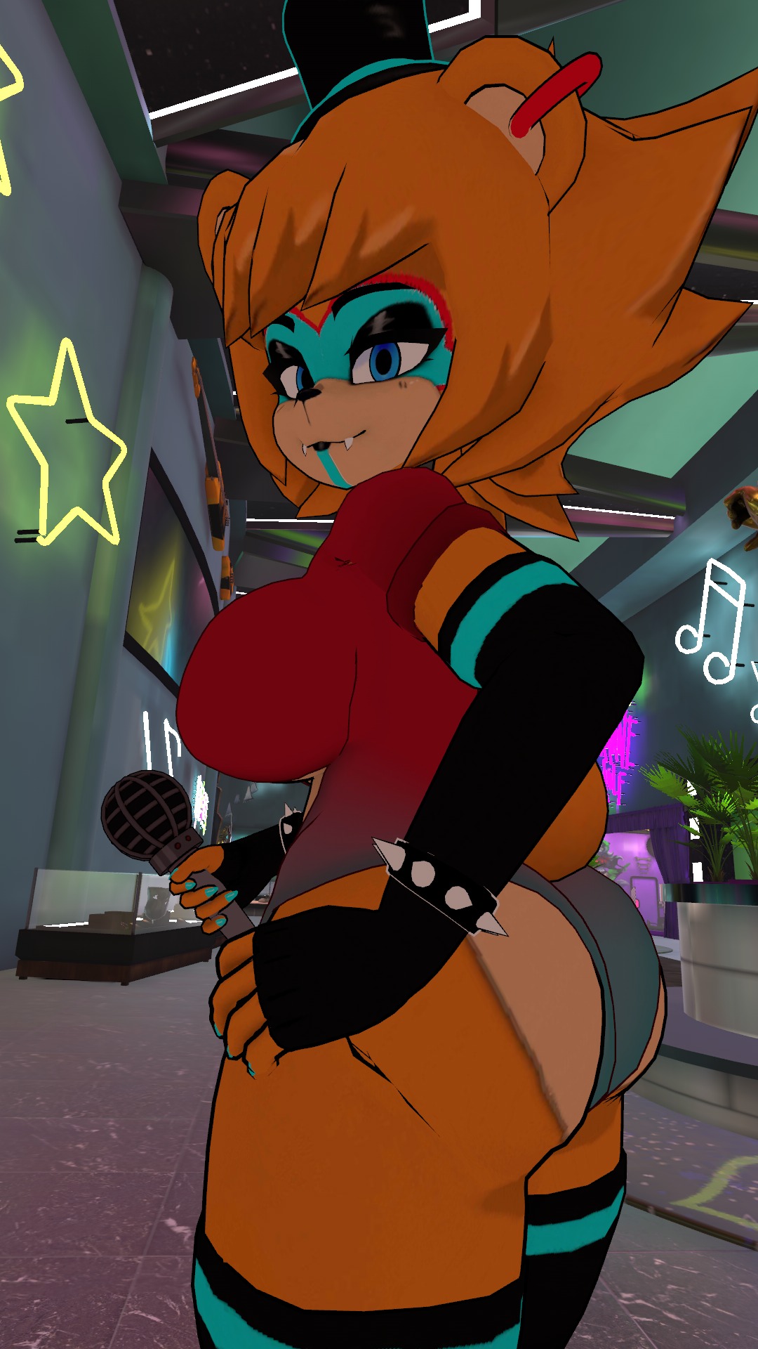 big_ass big_breasts curvy fnia fredina frenni frenni_fazclaire glamrock_frenni gloves hand_on_hip holding_microphone looking_at_viewer looking_back spike_bracelet thicc thick vrchat vrchat_avatar