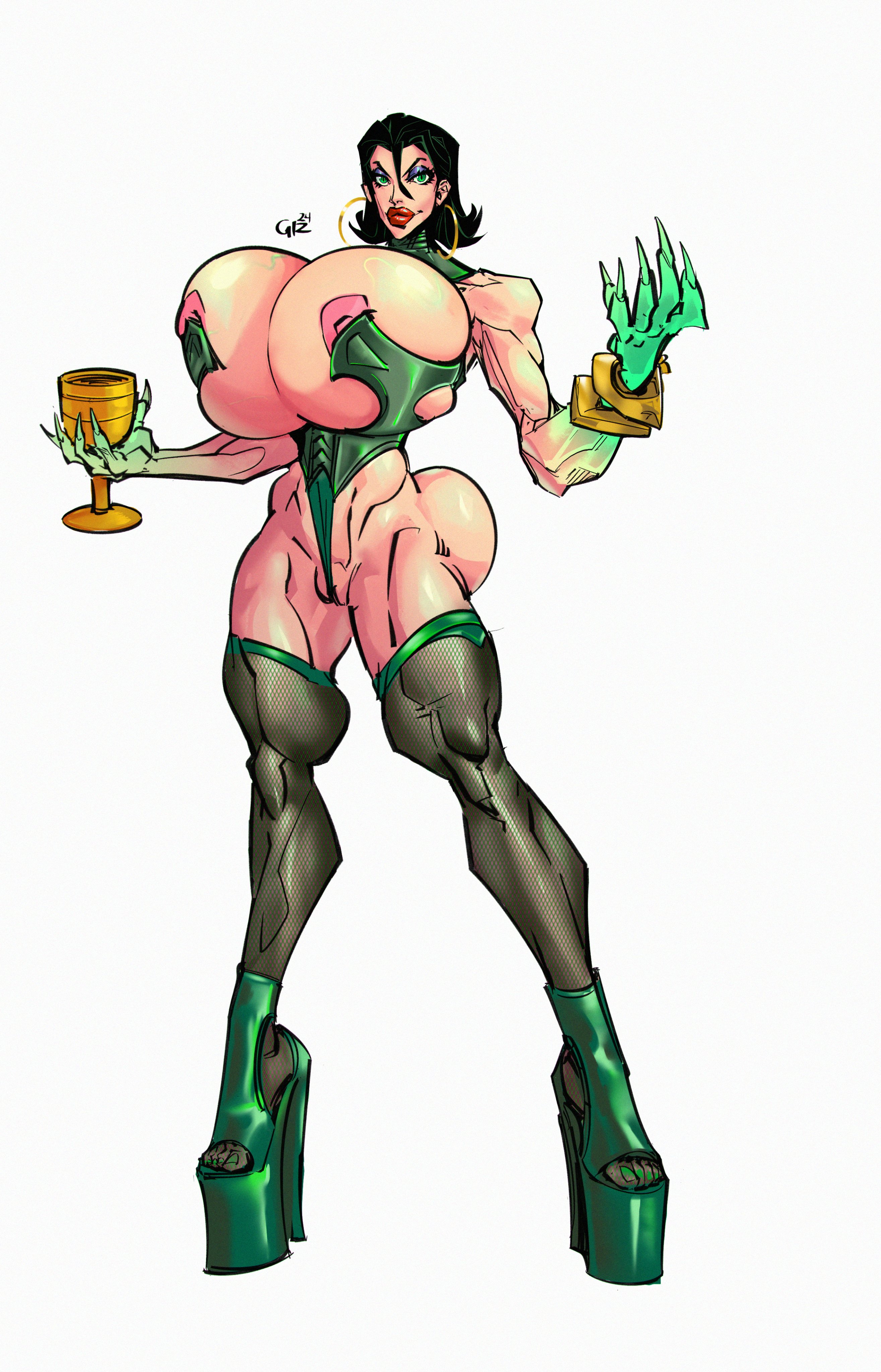 ass, big breasts, bimbo, bimbo body, bimbo boobs, bimbo lips, breast implants, breasts, bubble ass, bubble butt, busty, commission, commission art, demon, emerald bellung, emerald eyes, female, female focus, female only, full body, gizmotic, gold, gold bracelets, green eyes, green high heels, green-eyed female, high heels, platform heels, queen, skimpy clothes, solo, standing, succubus, tight clothing, white background, wide hips, yellow earrings