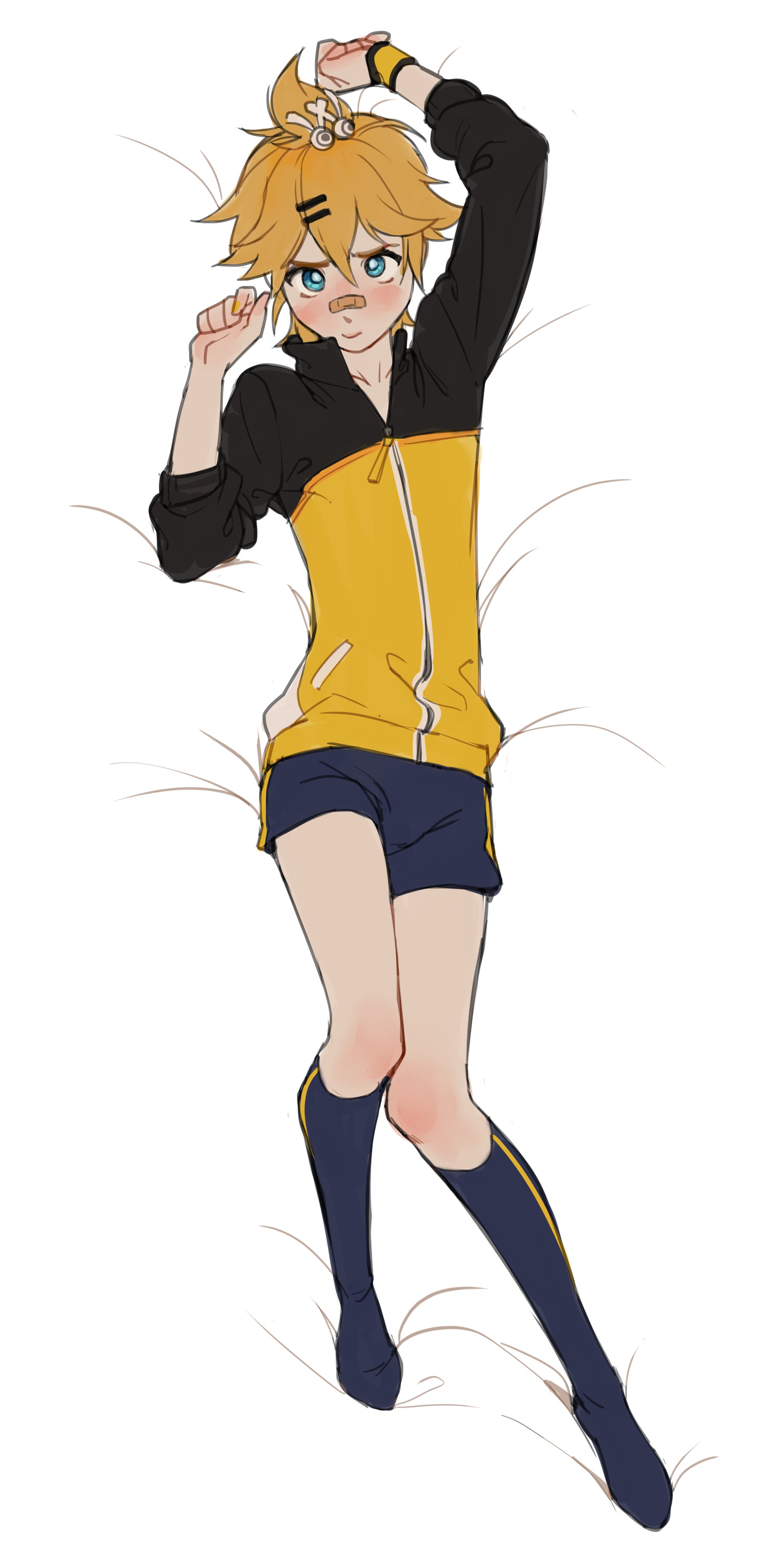 1boy, alternate version at source, alternate version available, dakimakura, dakimakura design, kagamine len, lacryboy, male, pinup, posing, vocaloid