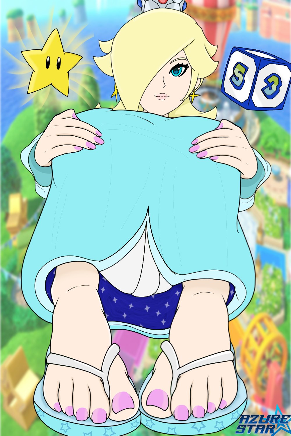 1girls, azurestar, dice, dice roll, digital media (artwork), dress, feet, female, female only, foot fetish, looking at viewer, mario (series), mario party, mario party superstars, nintendo, painted toenails, princess rosalina, star, starman (mario), super mario party jamboree, twitter link
