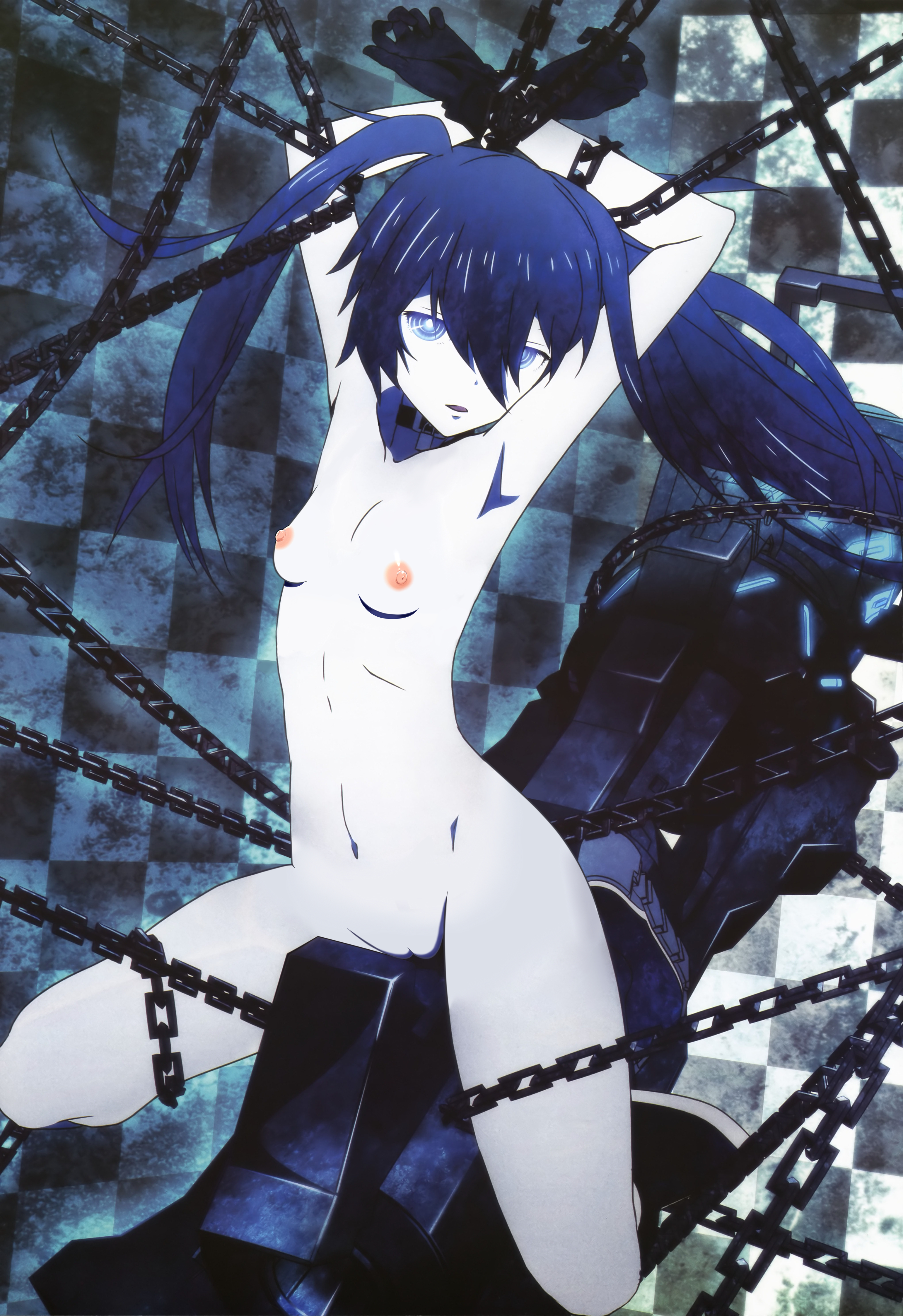 1girls, black choker, black rock shooter, black rock shooter (character), blue eyes, blue hair, breasts, chained, chains, choker, edit, female, light skin, light-skinned female, long hair, nipples, nude edit, nude filter, pale skin, pale-skinned female, pink nipples, pussy, shaved pussy, small breasts, solo, solo female, twintails, vagina