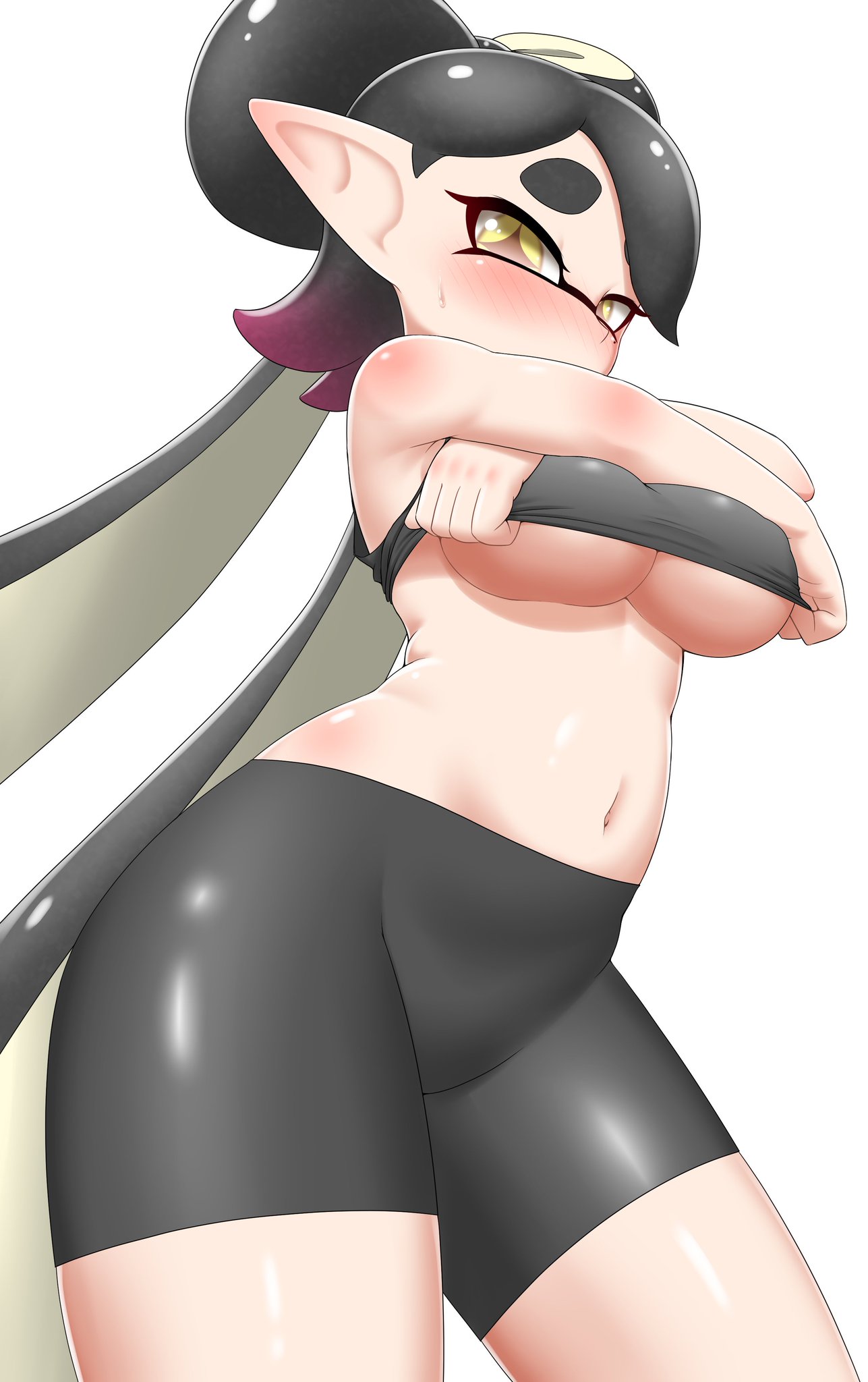 + +, 1girls, bare shoulders, blush, breasts, callie (splatoon), female, highres, large breasts, looking at viewer, nintendo, nobunagapero, pointy ears, short hair, sleeveless, solo, splatoon, splatoon (series), tentacle hair, twintails, underboob, undressing, white background, yellow eyes
