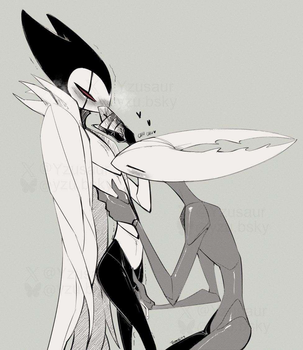 1boy, 1girls, 2025, artist name, black body, black skin, blush, cloak, female, fingering, fingering partner, grimm (hollow knight), hollow knight, hollow knight (character), horns, interspecies, kissing, male, male/female, monochrome, pure vessel, red eyes, rule 63, standing, yzusaur