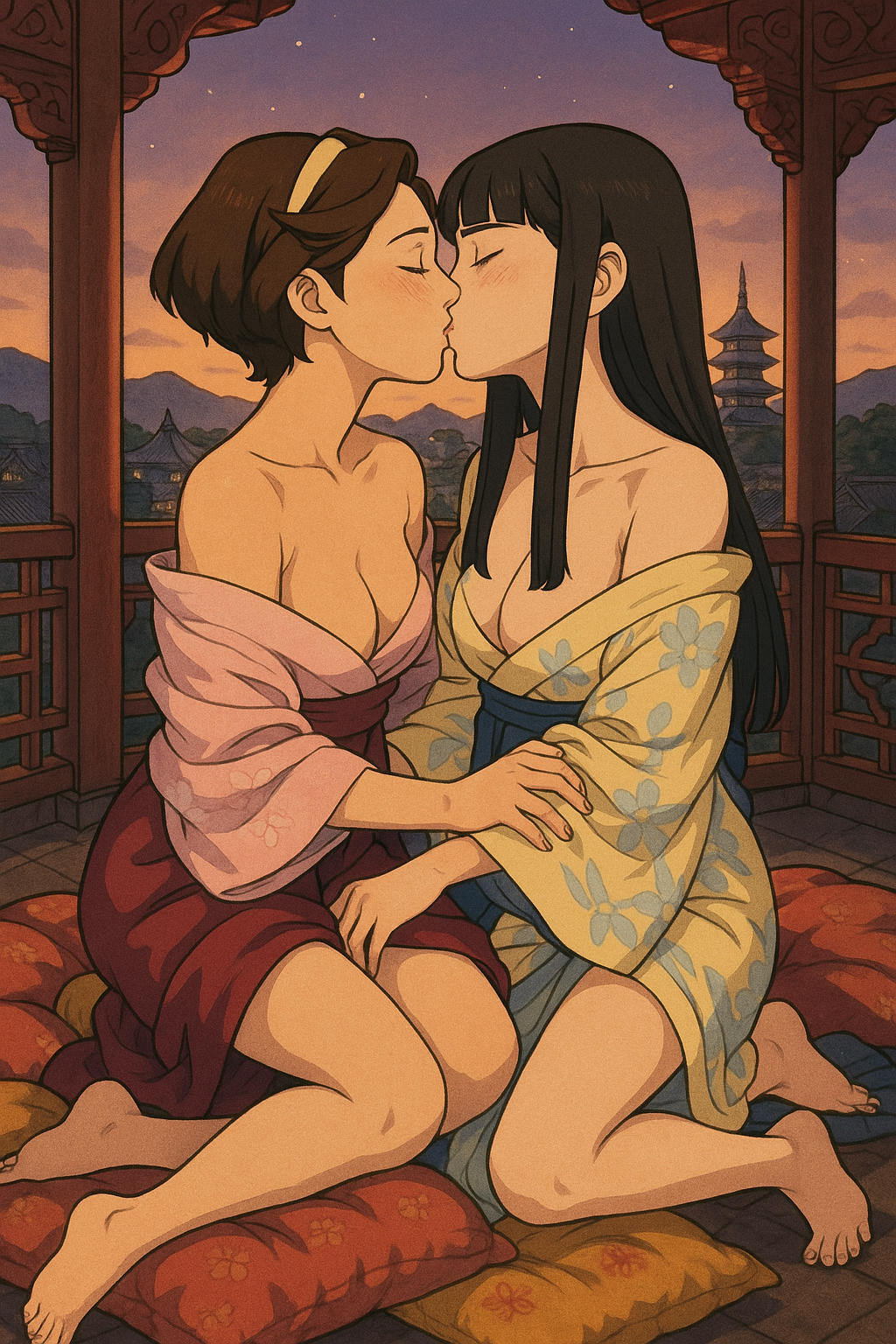 ai_generated dai_gyakuten_saiban gyakuten_saiban haori_murasame kimono kissing kneeling rei_membami susato_mikotoba the_great_ace_attorney yuri