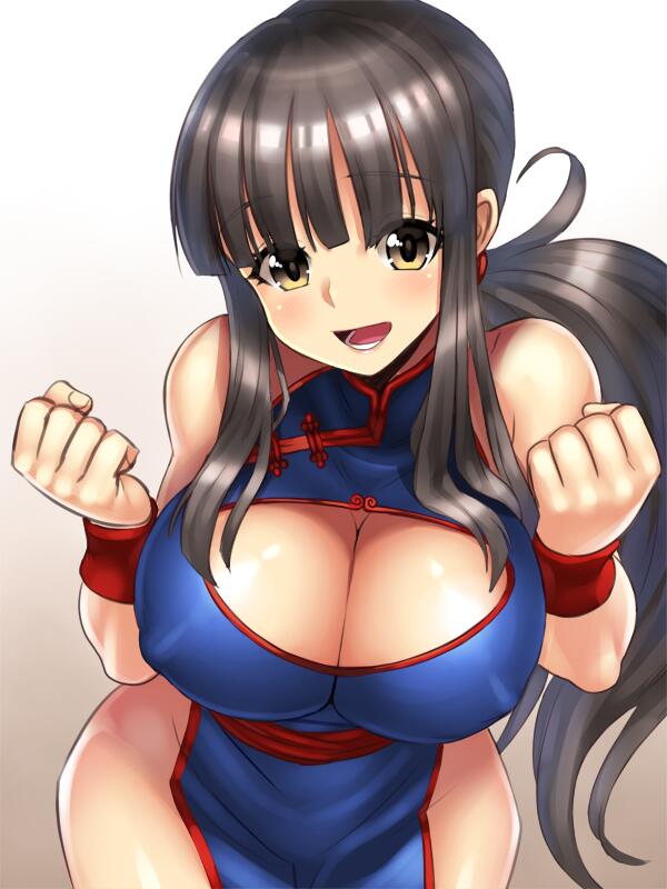 bare shoulders, black hair, blue dress, blush, boob window, breasts, chichi, china dress, chinese clothes, clenched hands, covered nipples, dragon ball, erect nipples, female, fringe hair, gradient background, large breasts, long dress, long hair, looking at viewer, muscular, muscular female, nipples, open mouth, ponytail, red wristband, shanghai neckline, side slit, sidelocks, simple background, smile, thick thighs, wristband, yapo (croquis side), yellow eyes