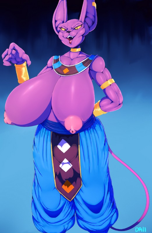1girls, armband, beerus, breasts, breasts out, cat ears, cat humanoid, cat tail, choker, dragon ball, dragon ball super, ear piercing, female, female only, goddess, grin, hand behind back, huge breasts, long breasts, looking at viewer, loose clothes, muscular, muscular female, no humans, open mouth, purple skin, rule 63, sagging breasts, sharp claws, sharp teeth, shiny skin, solo, topless, vhsdaii, wristband, yellow eyes