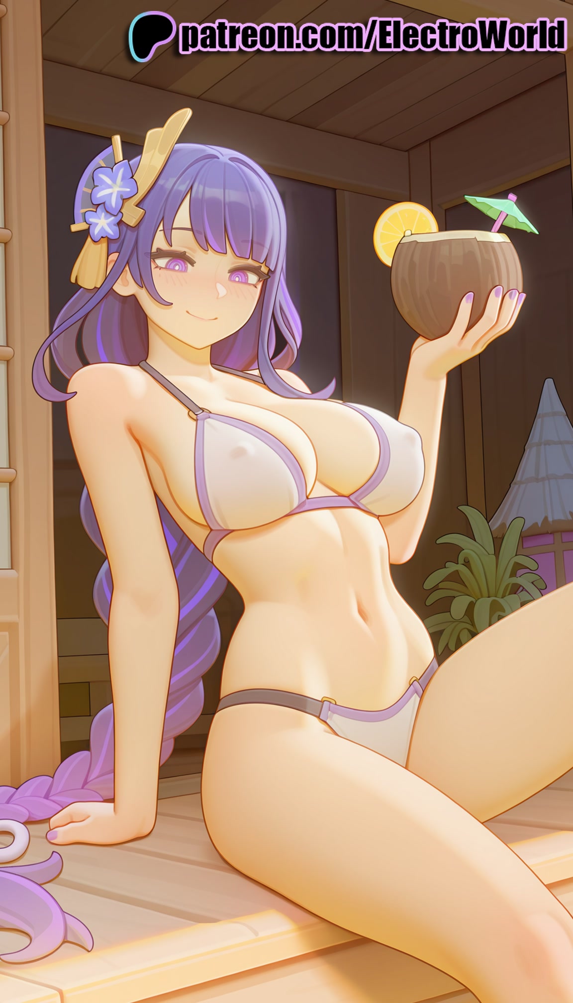 1girls, 2025, ai generated, artist name, bikini, braid, breasts, bust, chest, electroworld, female, flower, food, genshin impact, hair flower, hair ornament, hi res, high quality, high resolution, highres, hoyoverse, long hair, nail polish, navel, patreon, patreon username, plant, potted plant, purple eyes, purple hair, purple nails, raiden shogun, smile, solo, stable diffusion, swimsuit, watermark, white bikini