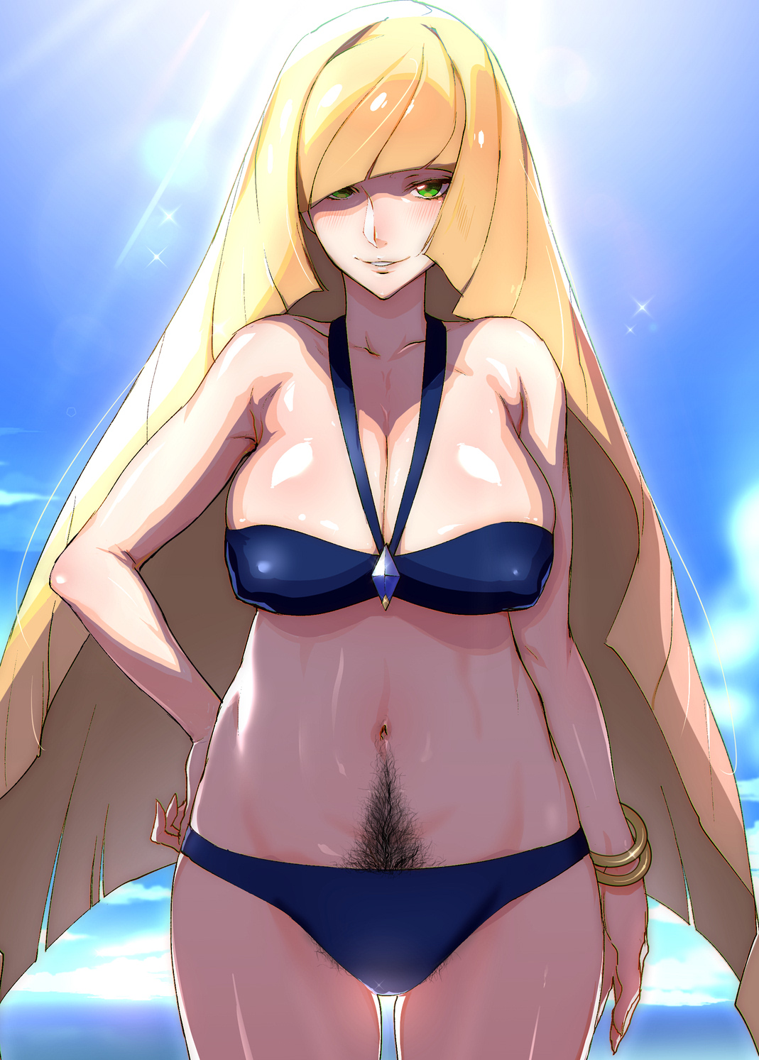 1girls, aether foundation, bikini, blonde hair, breasts, cleavage, female, female only, green eyes, happy trail, human, human only, iku (ikuchan kaoru), long hair, looking at viewer, lusamine (pokemon), milf, nintendo, pokemon, pokemon sm, pubic hair, pubic hair peek, smirk, solo