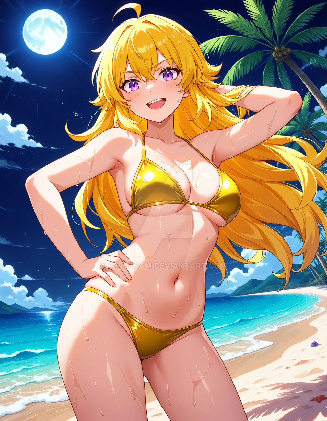 2025 ai_generated beach belly crunchyroll deviantart elryusam golden_bikini hand_on_back hand_on_hip meta not_porn open_mouth orange_cheeks purple_eyes_female rwby tummy tv_series tv_show wet_bikini wet_body wet_skin yang_xiao_long yellow_eyebrows yellow_hair_female