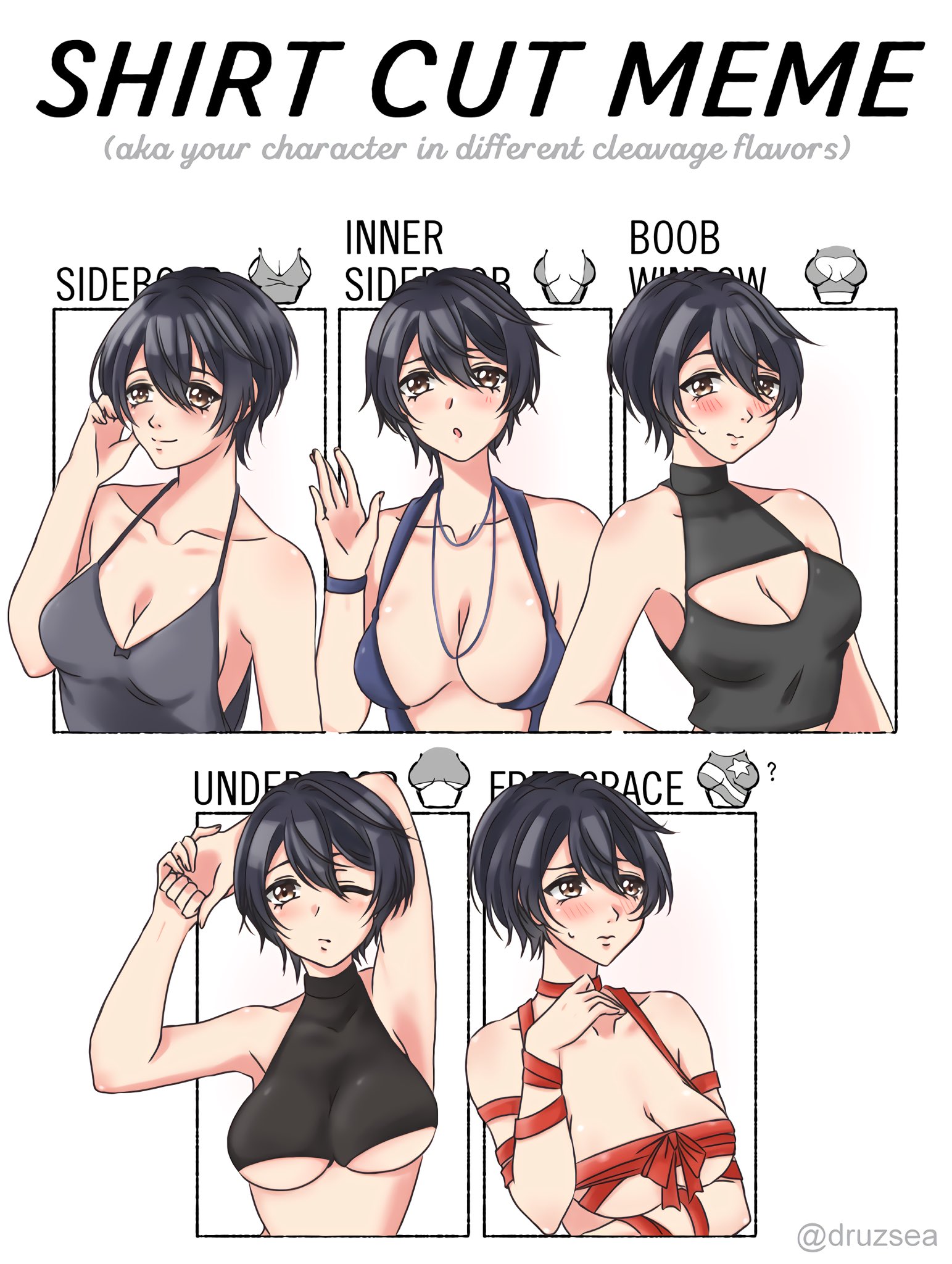 blush, boob window, breasts, clothed, covered nipples, d4dj, dress, female, mio (akumanopera), miyake aoi, nude, ribbon, shirt cut meme