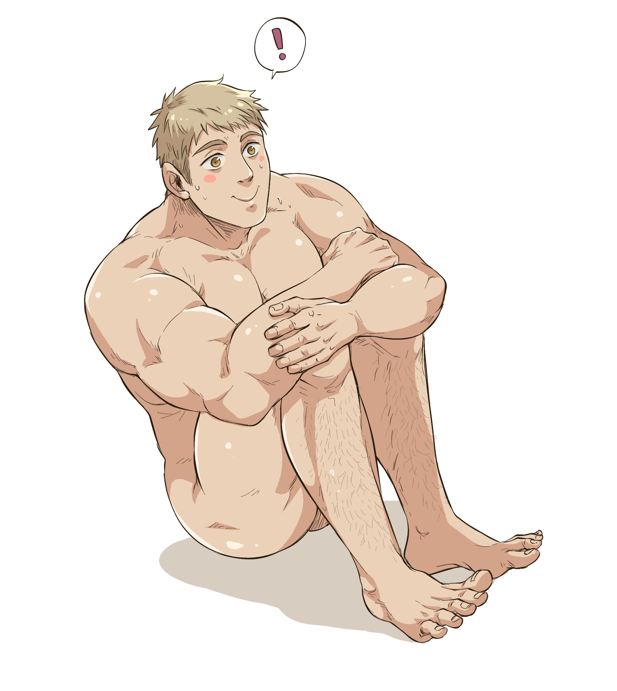 !, 1boy, ass, ass visible through thighs, bara, barefoot, beefy, biceps, blonde hair, blush, broad shoulders, collarbone, completely nude, convenient censoring, dungeon meshi, feet, fingernails, folded arms, folded legs, full body, funny face, gay, hal (harenchiou), hi res, hunk, laios touden, leg hair, male, male only, masculine male, mature male, muscles, muscular, muscular arms, muscular ass, muscular legs, muscular male, muscular thighs, nude, original, original character, pecs, round ass, short hair, sitting, smile, solo, thick eyebrows, thick legs, thick thighs, toenails, toes, tough guy, triceps, white background, yaoi, yellow eyes