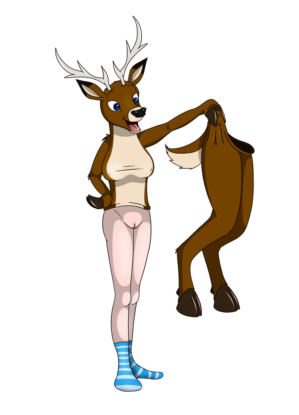 2010 anthro antlers biped black_ear_tips black_nose blue_eyes bottomwear breasts brown_body clothing colored countershade_fur countershade_neck countershade_tail countershade_torso countershading deer digitigrade dipstick_ears ear_markings facial_markings female footwear footwear_only fox0808 front_view fur genitals hand_on_hip hand_on_own_hip head_markings hi_res holding_clothing holding_object hooves horn human human_to_anthro humanoid_genitalia humanoid_pussy mammal markings mid_transformation mostly_nude multicolored_ears nipples_through_clothes open_mouth open_smile plantigrade pussy shaded simple_background skirt smile snout snout_markings socks socks_only solo species_transformation split_form standing suit_transformation tail transformation white_background white_body white_bottomwear white_clothing white_countershading white_inner_ear white_skin