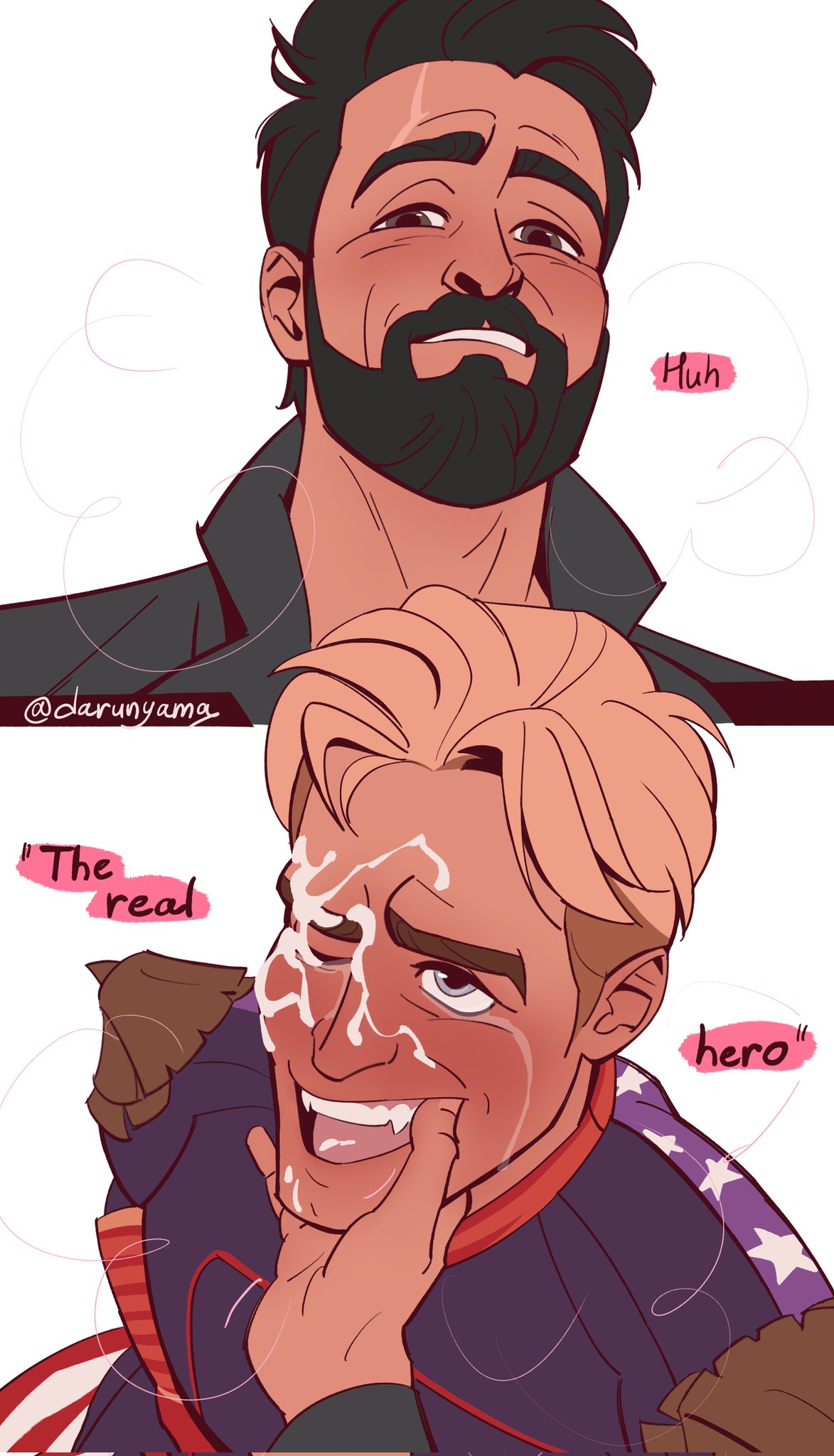 2boys, billy butcher, black hair, blonde hair, darunyama, facial, fully clothed, homelander, male, male only, no visible genitalia, one eye closed, open mouth, smiling, speech bubble, the boys, white background