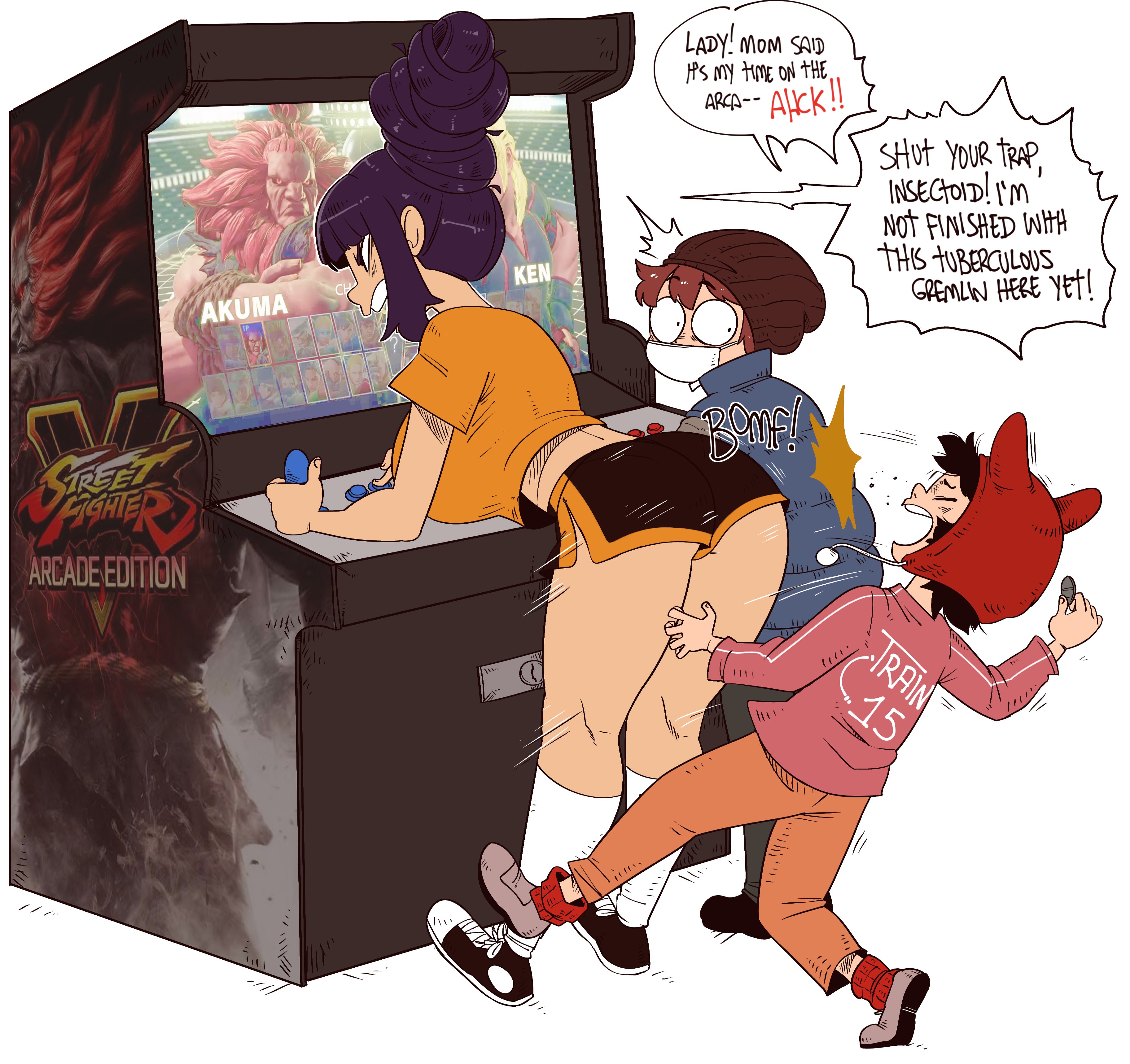 1girls, 2boys, arcade, ass, beanie, beehive (hairstyle), beehive hairdo, bent over, black hair, butt attack, coin, command grab, dialogue, english text, female, flying peach, gouki, hat, ken masters, male, mask, nuclearwasabi, orange shirt, purple hair, red hat, shirt, sneakers, street fighter, talking, text