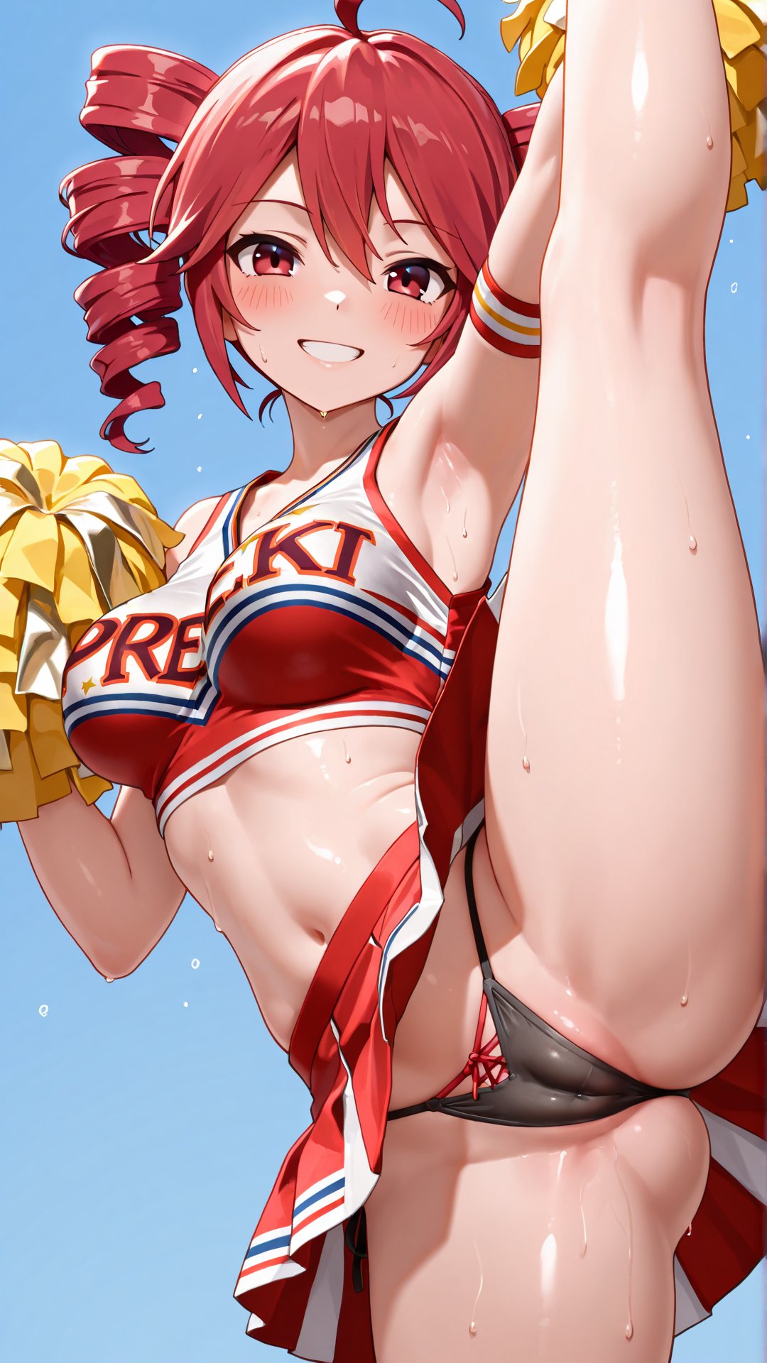 1girls, ahoge, ai generated, armpit crease, armpit fetish, armpits, ass visible through thighs, belly, big ass, big breasts, big thighs, blush, blush lines, breasts, cameltoe, cheerleader, cheerleader uniform, curvaceous, curvy, curvy female, curvy figure, exhibitionism, exposed panties, exposed pussy, female, female only, granat ai, kasane teto, large ass, large breasts, large thighs, lifting leg, looking at viewer, low-angle view, midriff, navel, partially visible vulva, plump, plump labia, plump pussy, plump thighs, plump vulva, pom poms, pussy, pussy lips, pussy visible through clothes, raised leg, red eyes, red hair, shiny skin, skinny, skinny female, skirt, skirt lift, slim female, slim waist, smile, solo, solo female, sweat, sweating, sweaty armpits, thick thighs, thighs, thong, twin drills, underwear, utau, vagina, vulva, wet, wet body