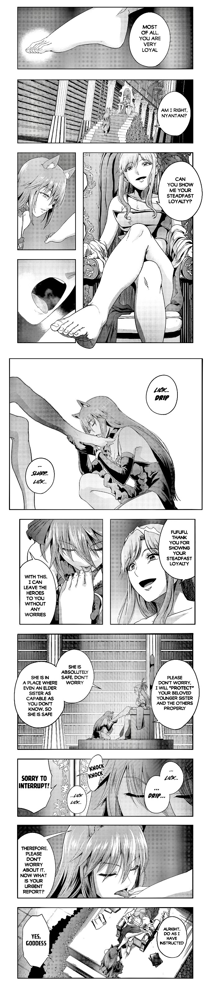 blackmail cat_ears english english_text failure_frame:_i_became_the_strongest_and_annihilated_everything_with_low-level_spells femdom foot_fetish foot_lick goddess_vicius not_colored nyantan official_art official_style