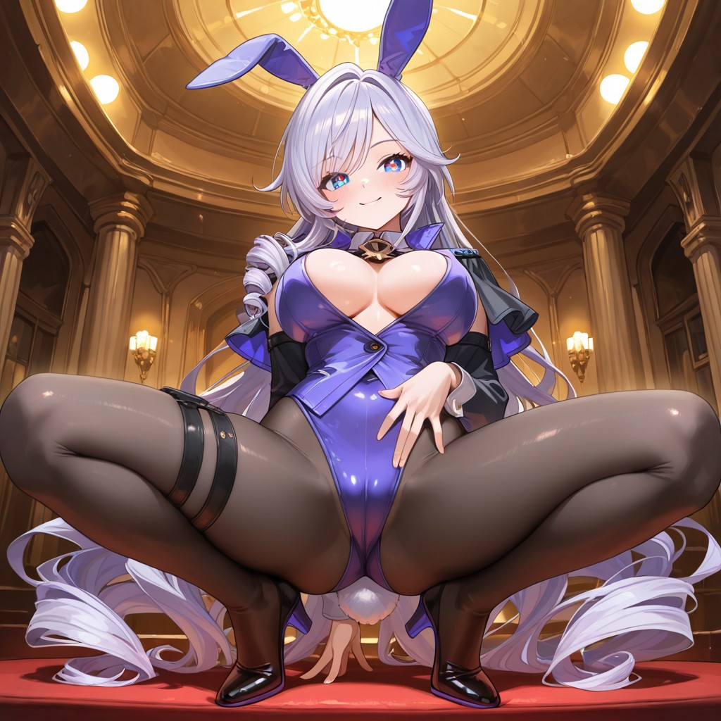 1girls ai_generated black_stockings blue_eyes breasts bunny_costume bunny_ears bunny_girl bunnysuit curly_hair detective_(silver_palace) drill_hair female female_focus female_only holster indoors large_breasts purple_hair red_pupils silver_palace solo solo_female stockings thick thick_thighs thighhighs thighs very_long_hair