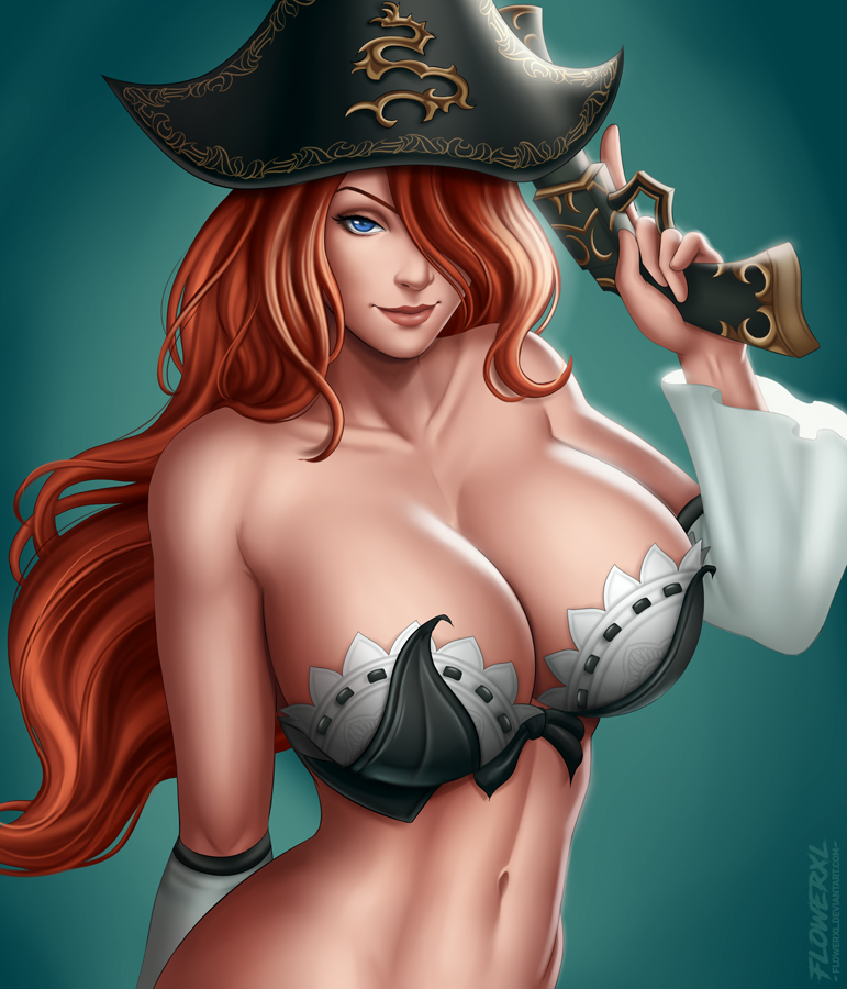 big breasts, blue eyes, breasts, cleavage, female, female only, flowerxl, hair over eye, large breasts, league of legends, long hair, looking at viewer, miss fortune, pinup, solo