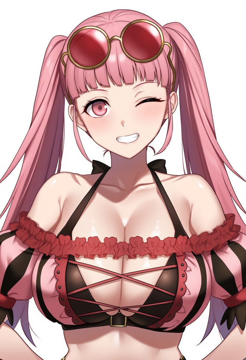 big_breasts breasts cleavage collarbone female fire_emblem fire_emblem:_three_houses fire_emblem_heroes highres hilda_valentine_goneril hilda_valentine_goneril_(summer) long_hair looking_at_viewer nintendo pink_eyes pink_hair pyo_3300 simple_background solo sunglasses swimsuit upper_body wavy_hair white_background